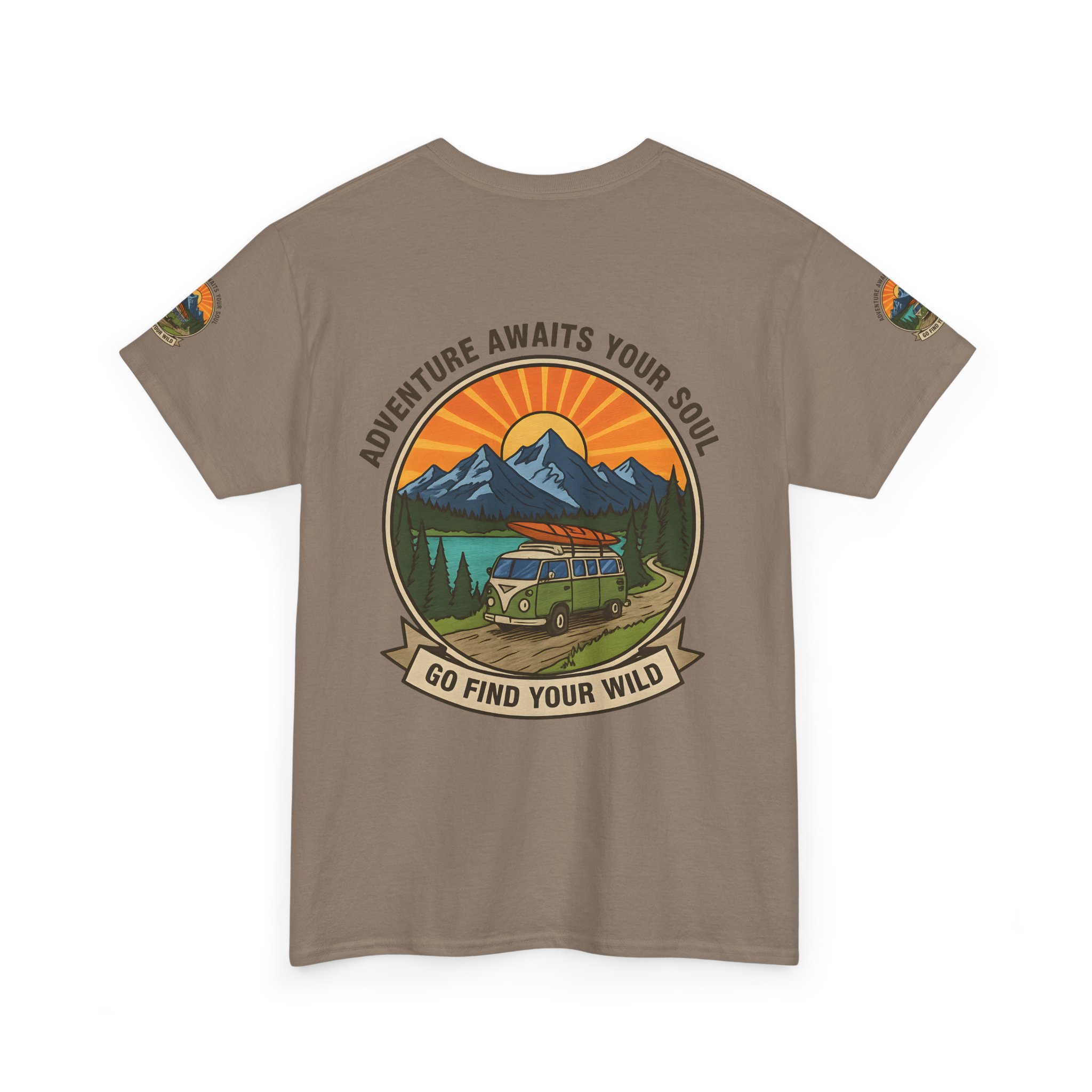 Unisex Heavy Cotton Tee — “Adventure Awaits Your Soul: Go Find Your Wild” Van & Mountain Graphic
