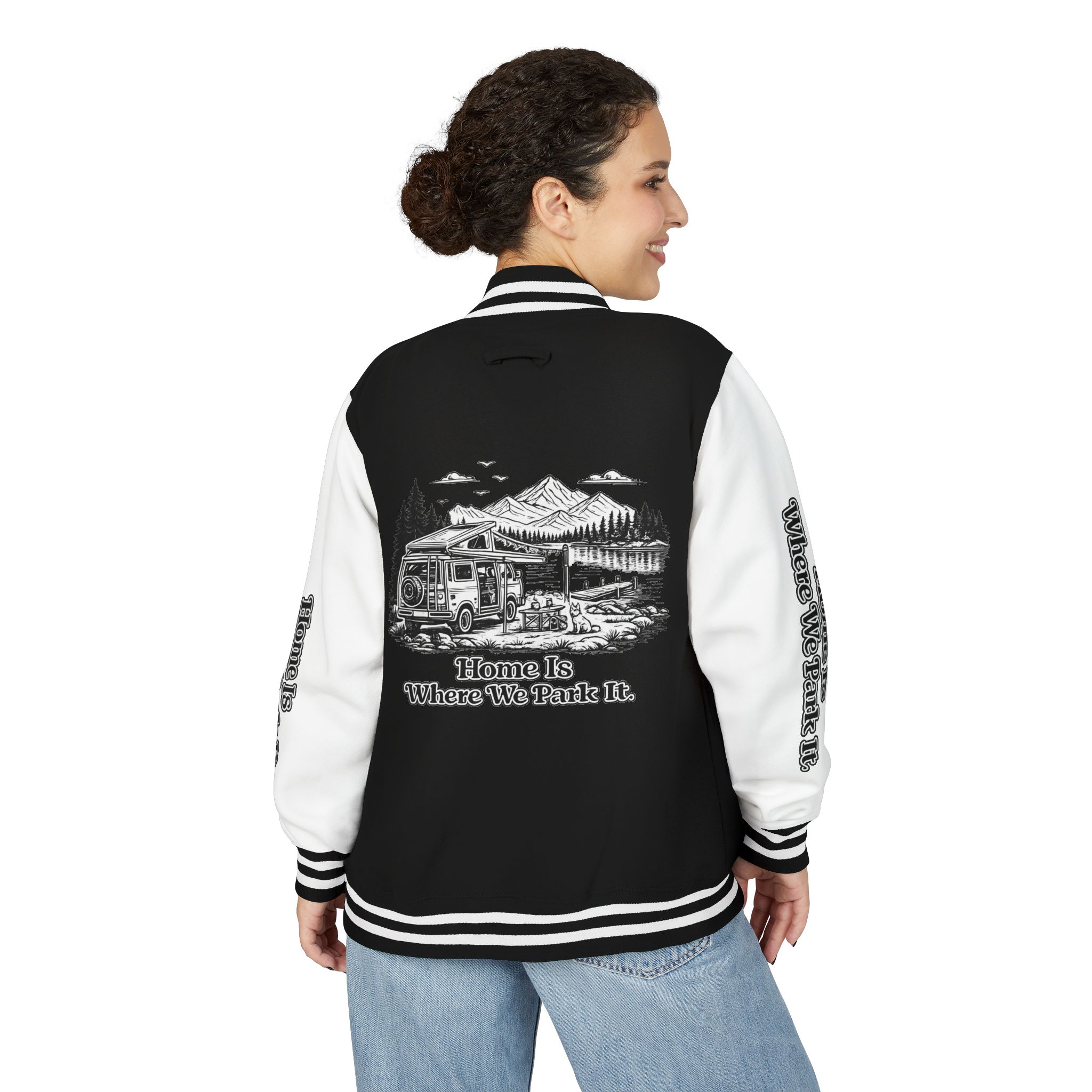 Unisex Heavyweight Letterman Jacket — "Home Is Where You Park It" Travel Varsity Coat