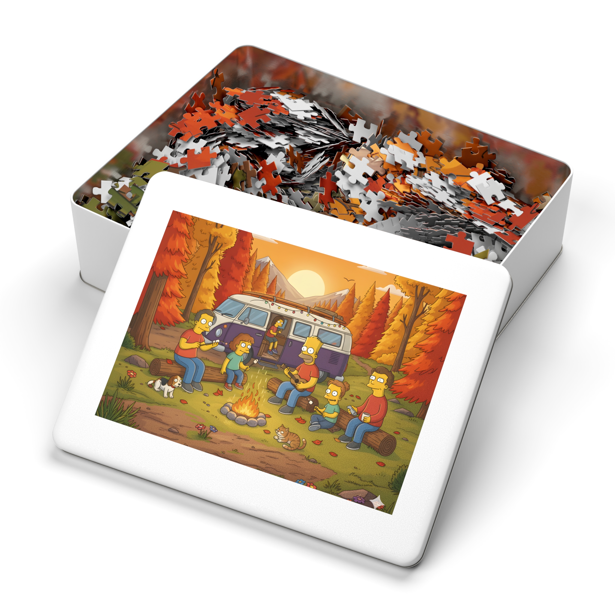 Jigsaw Puzzle with Tin — Autumn Van Bonfire Scene