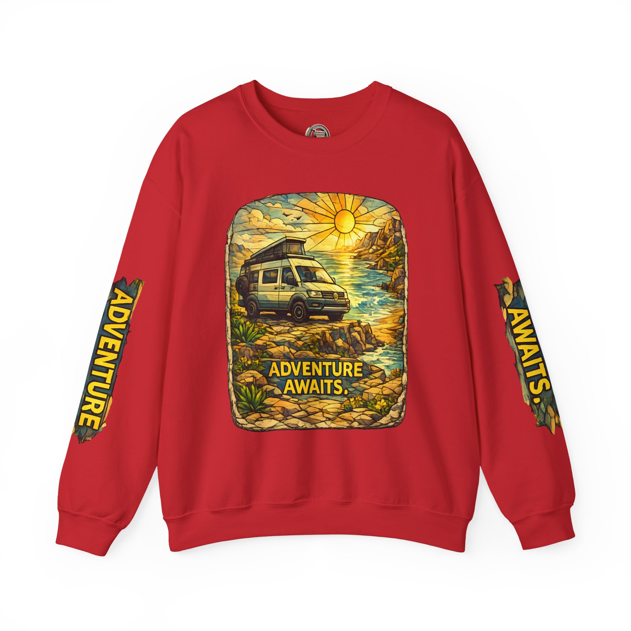 Unisex Heavy Blend™ Crewneck Sweatshirt — "Adventure Awaits" Design Cubic-Line