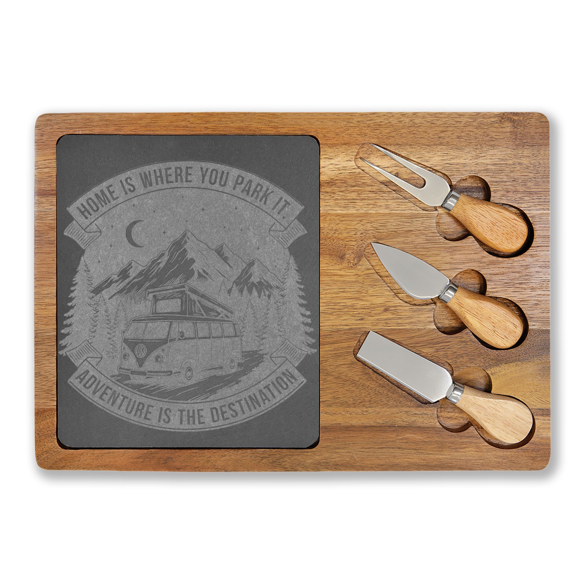 Engraved Charcuterie Board - "Home Is Where You Park It-Adventure is the destination" (4 Variants Available)