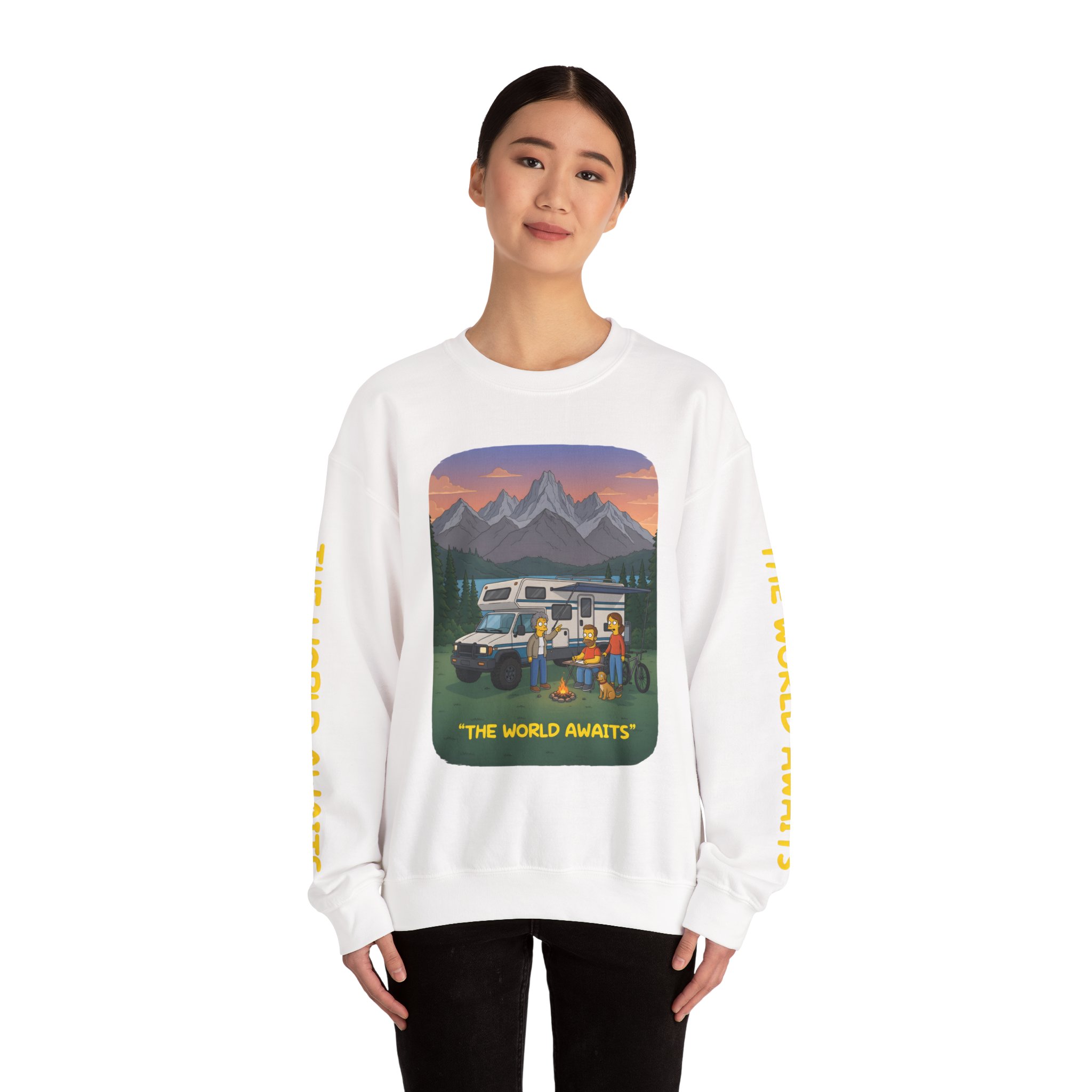 Unisex Heavy Blend™ Crewneck Sweatshirt — "The World Awaits" Design Sitcom-Line