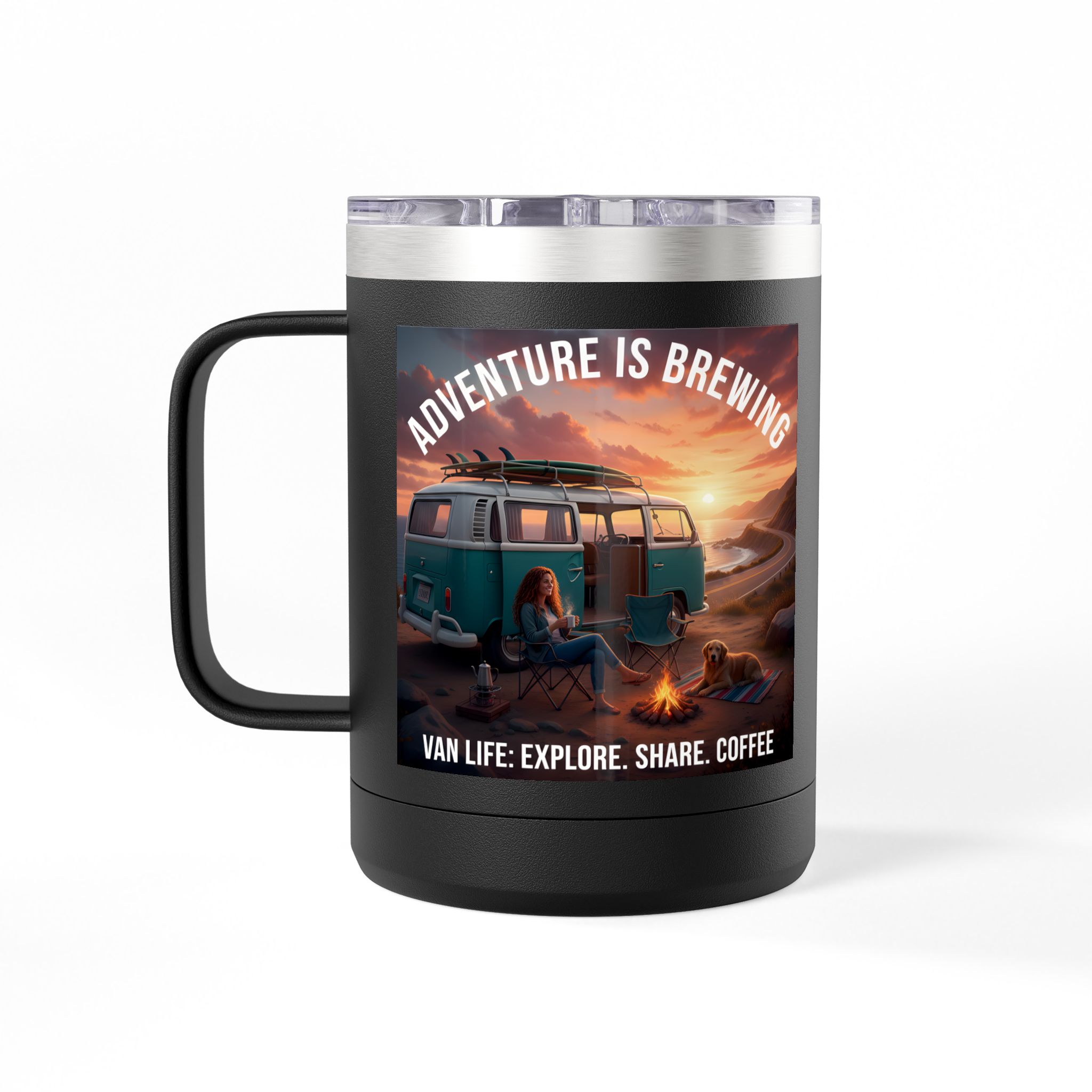 Coffee Mug Tumbler, 15oz-- "Adventure Is Brewing"