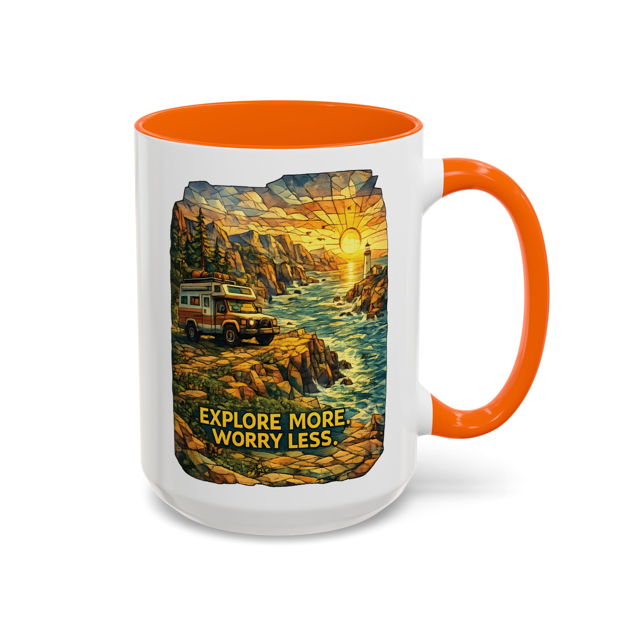 Accent Coffee Mug (11, 15oz) — "Explore More Worry Less" Design Cubic-Line