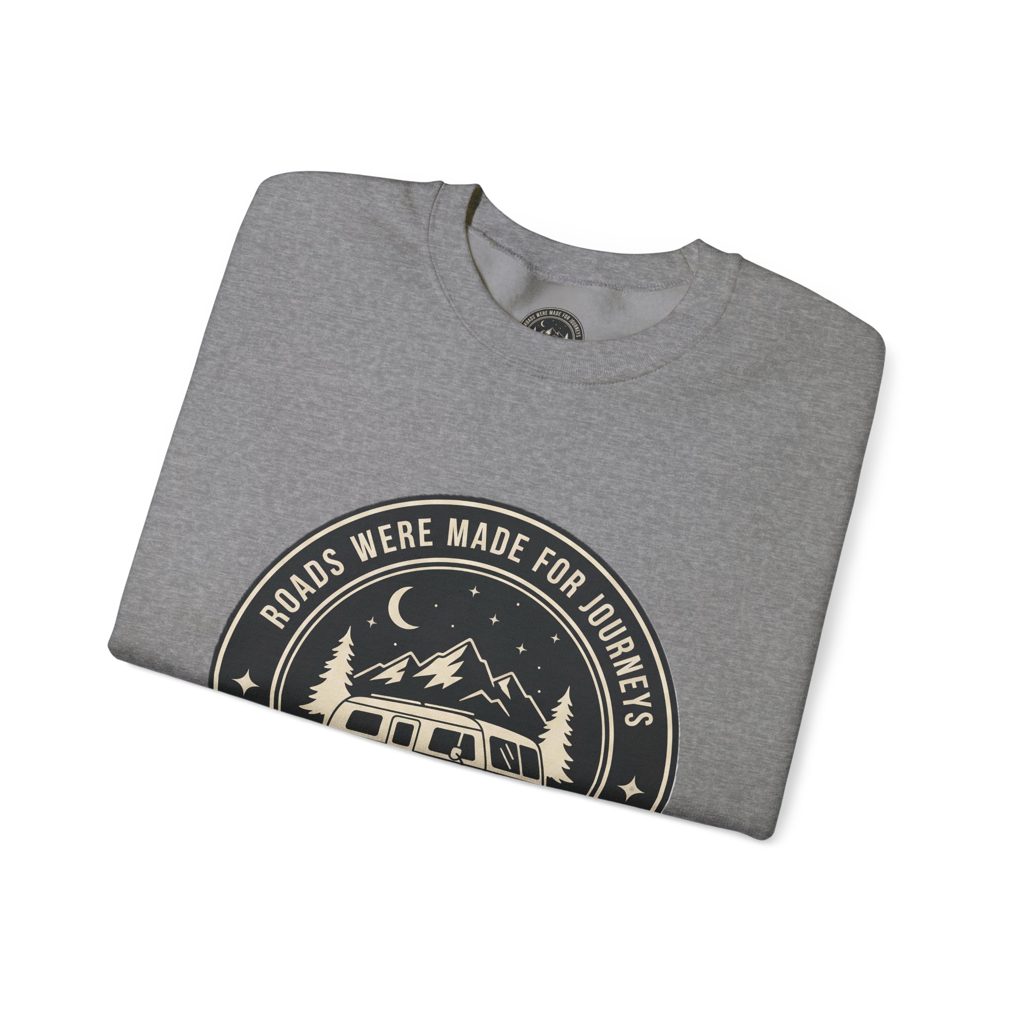 3801293616644098616_2048.jpeg Crewneck Sweatshirt — "ROAD WHERE MADE FOR JOURNEYS-NOT DESTINATIONS" (Ony Font printed) Vintage Camper Van Outdoor Graphic