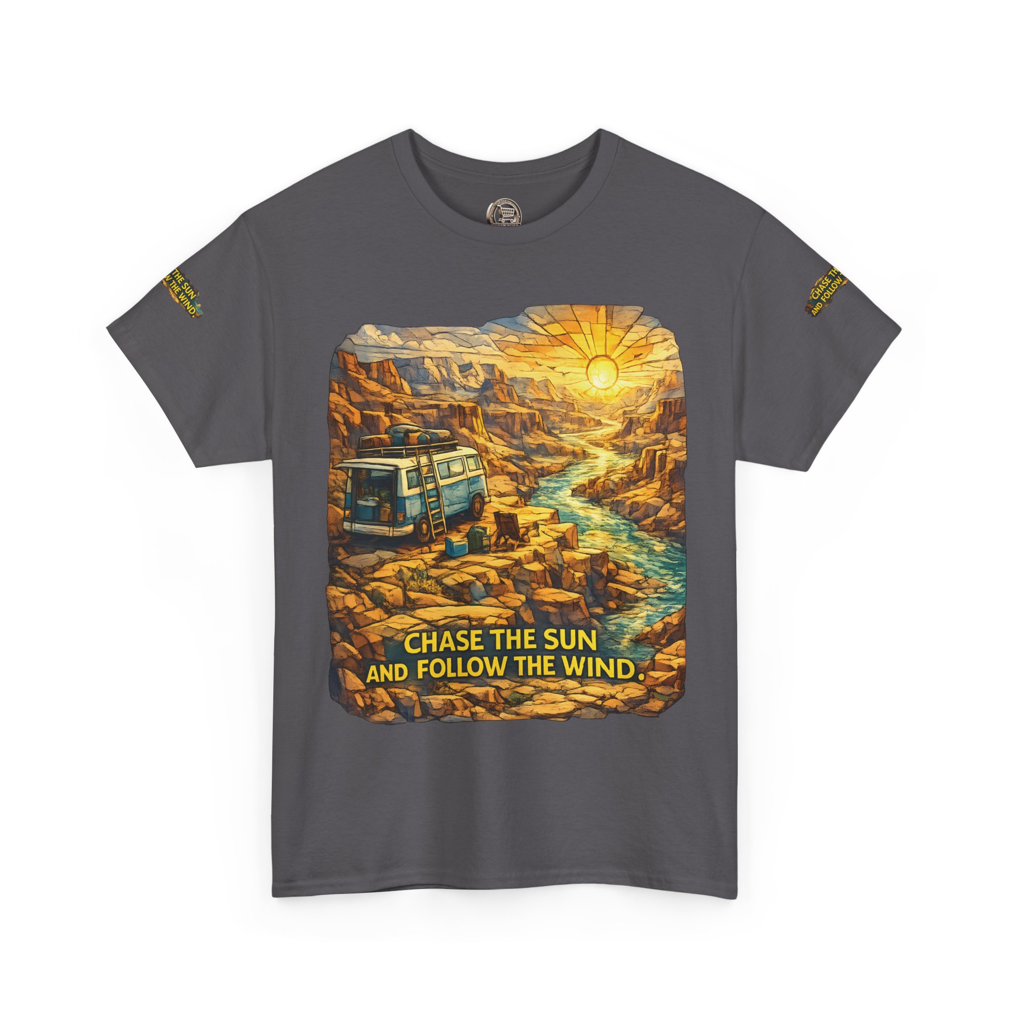 3803191515738582597_2048.jpeg Unisex Heavy Cotton Tee — "Chase The Sun And Follow The Wind" Design Cubic-Line