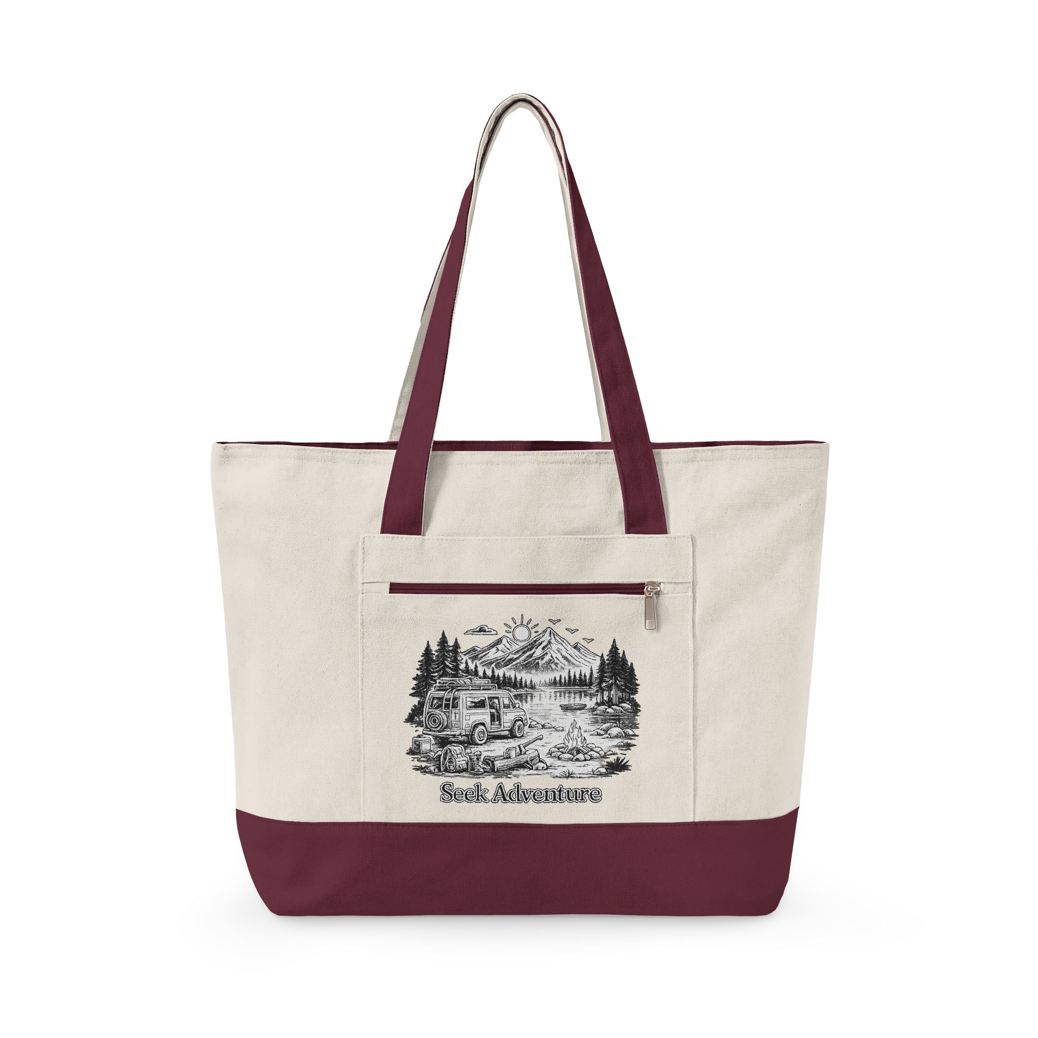 Zippered Canvas Tote — "Seek Adventure" (Design Minimal-Line)