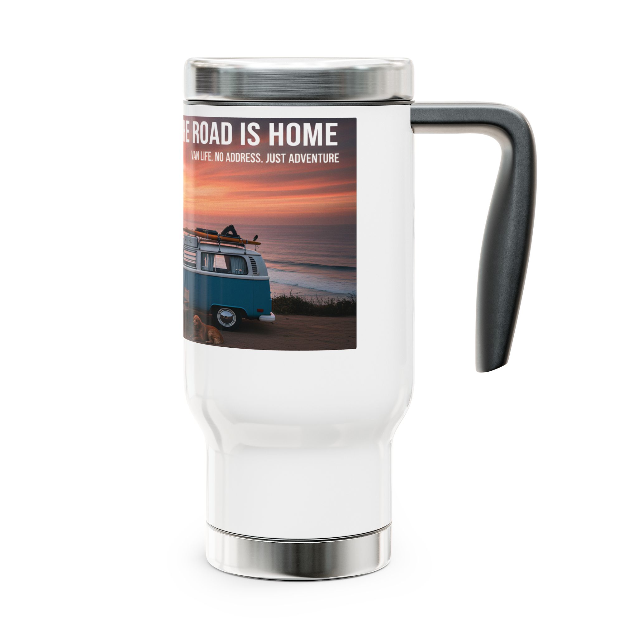 Stainless Steel Travel Mug with Handle, 14oz — "The Road is Life"