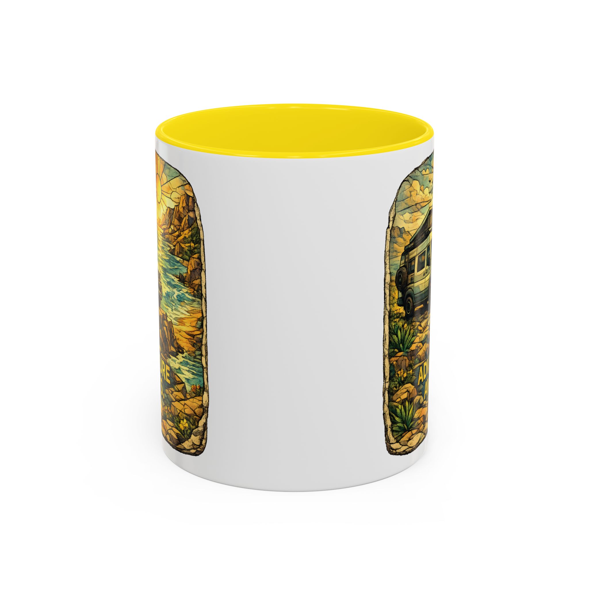 Accent Coffee Mug (11, 15oz) — "Adventure Awaits" Design Cubic-Line