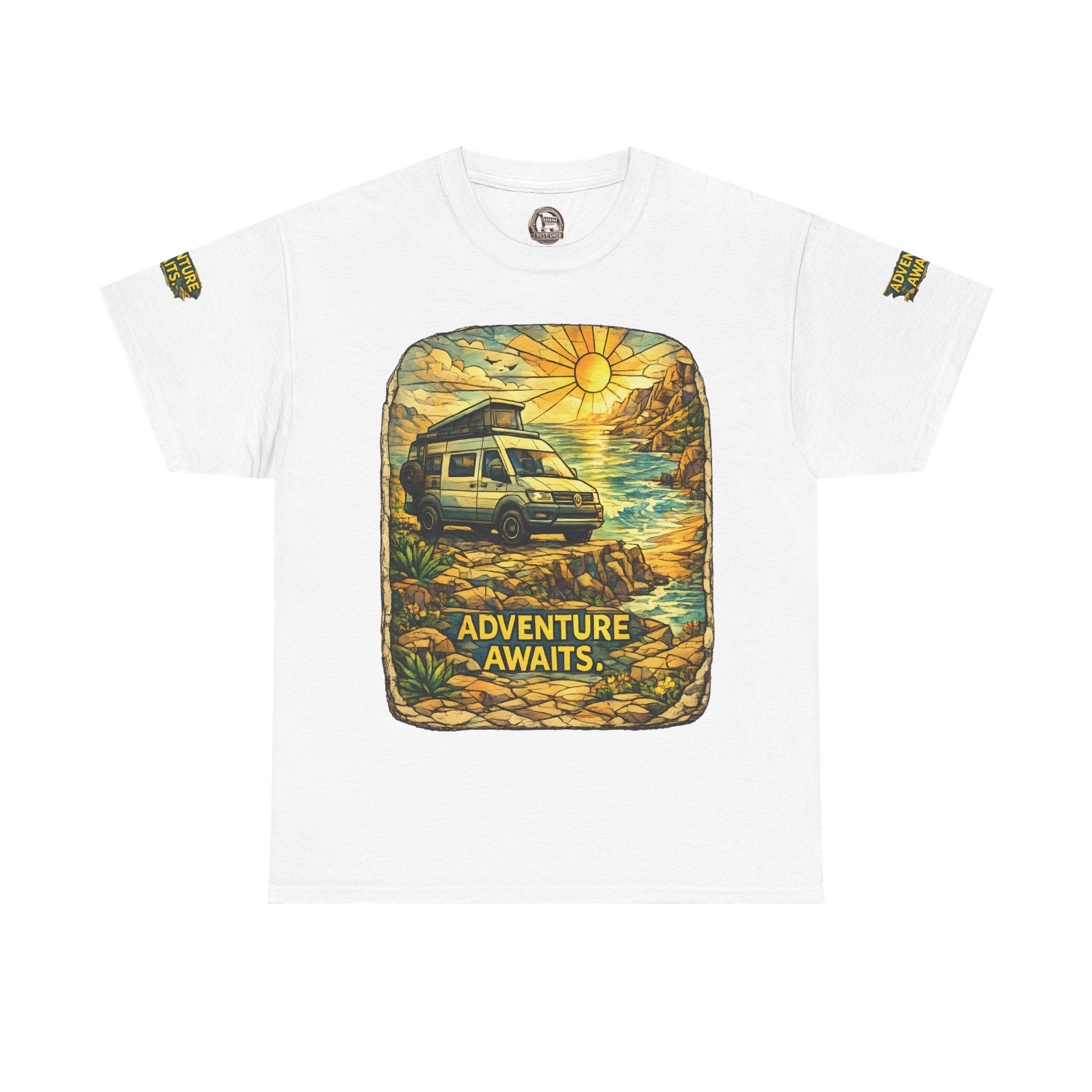 Unisex Heavy Cotton Tee — "Adventure Awaits" Design Cubic-Line