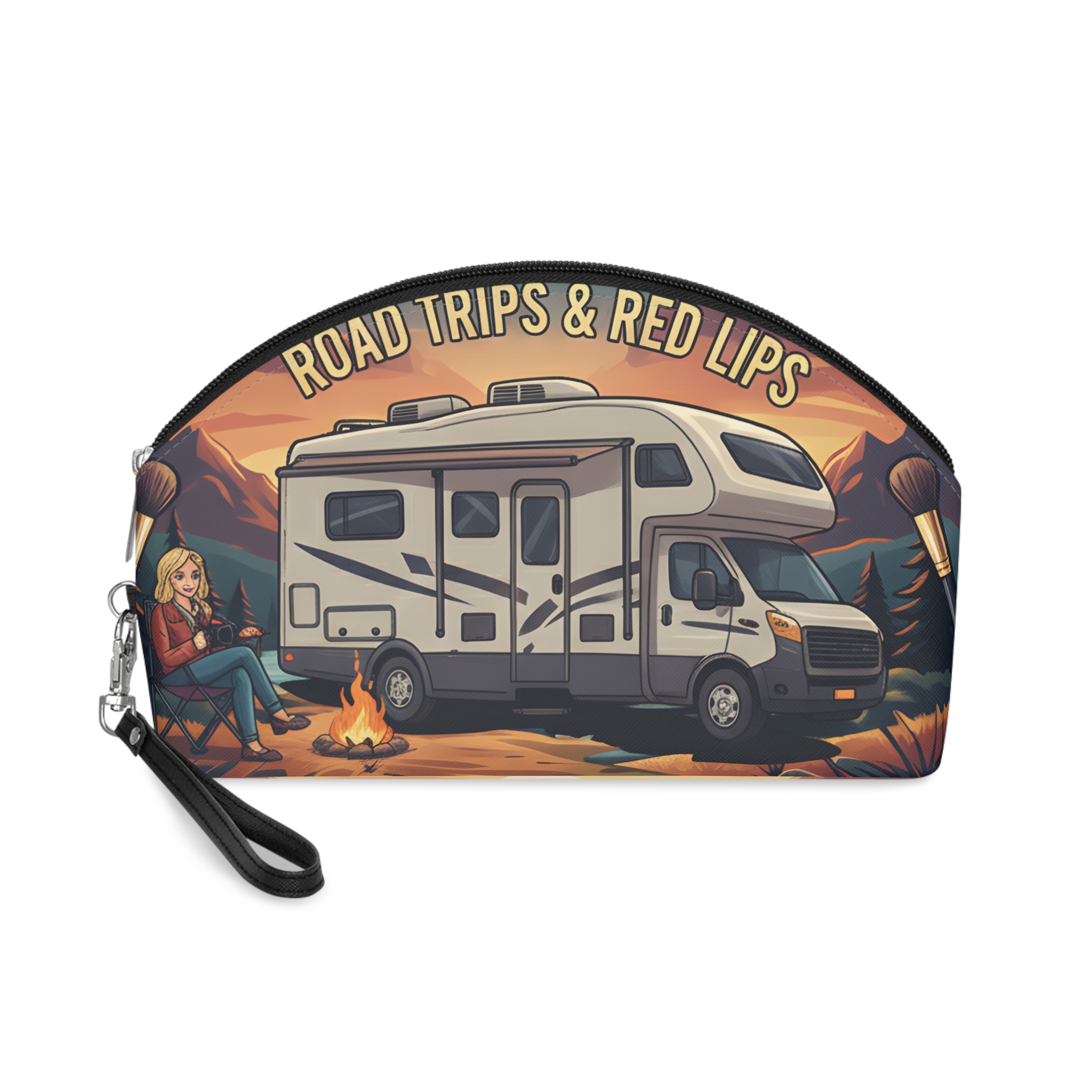 Makeup Bag — "Roads Trips ANd Red Lips" campervan quoted