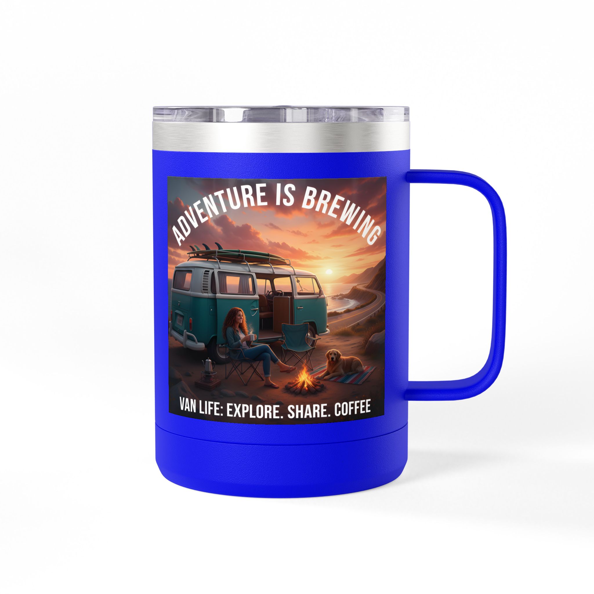 Coffee Mug Tumbler, 15oz-- "Adventure Is Brewing"