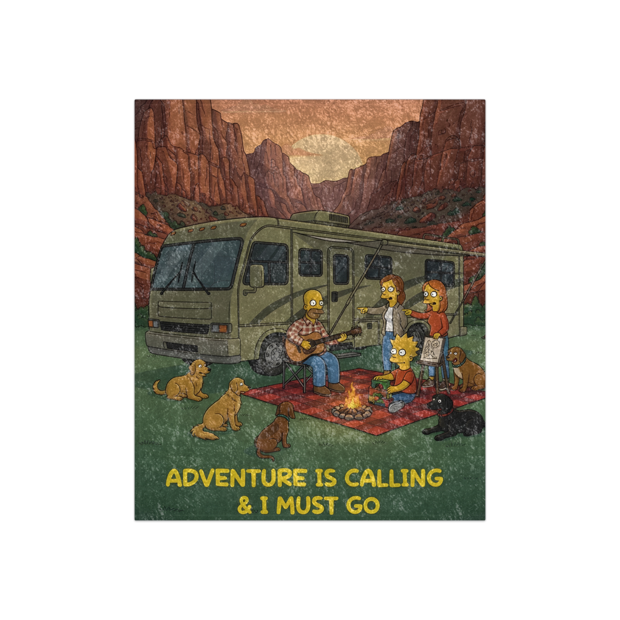 Crushed Velvet Blanket —"Adventure Is Calling-I Must Go" Design Sitcom-Line (Campervan)