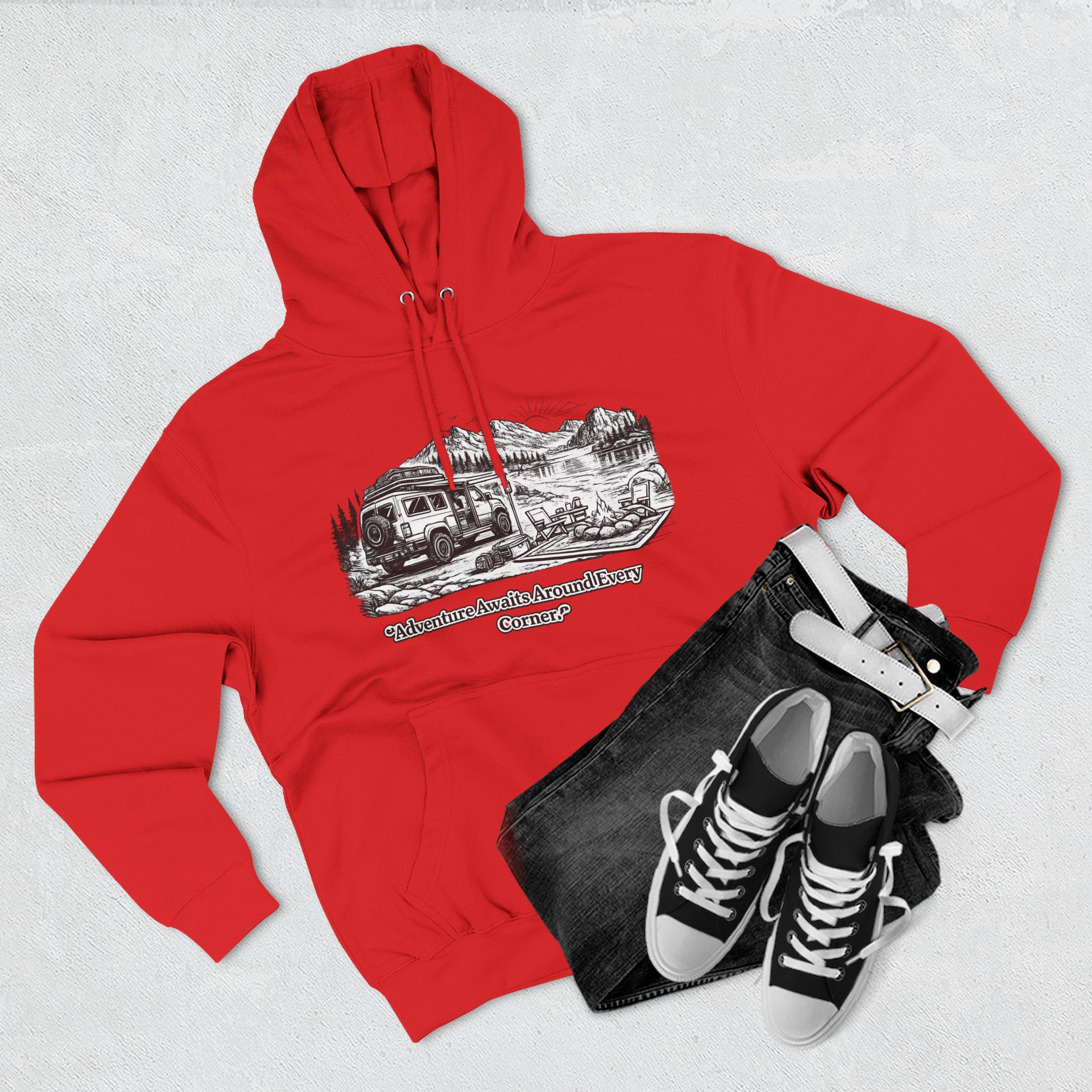 3837881437886112379_2048.jpeg Three-Panel Fleece Hoodie - "Adventure Awaits Around Every Corner" Design Minimal-Line