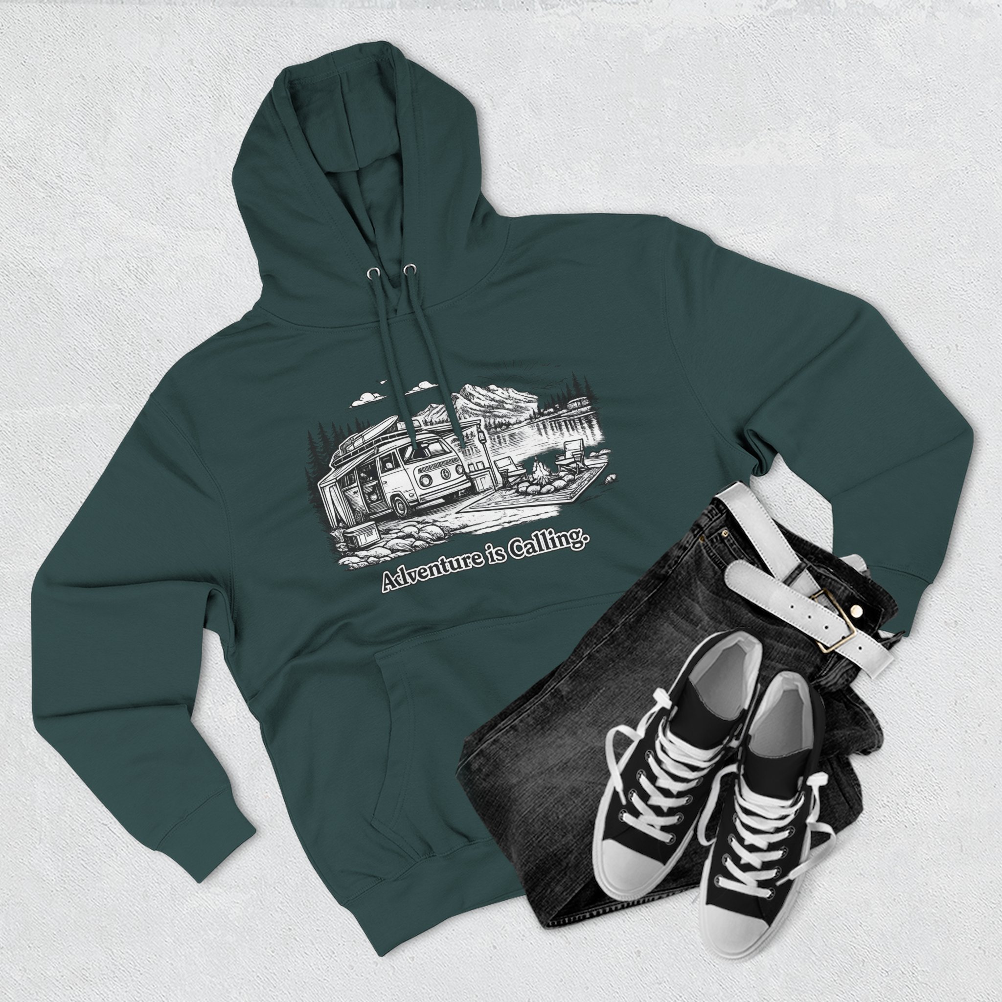 Three-Panel Fleece Hoodie - "Adventure Is Calling" Design Minimal-Line