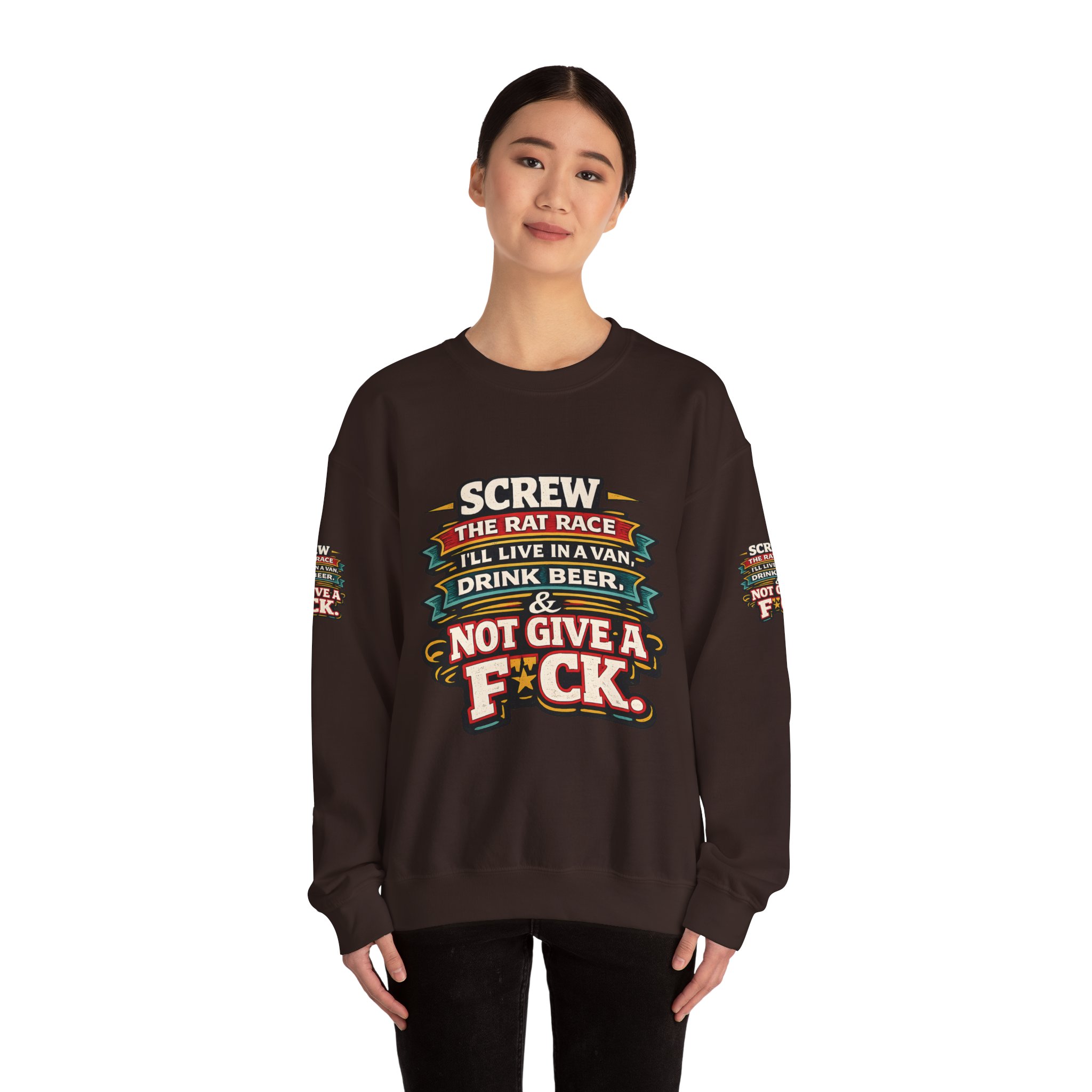 Unisex Heavy Blend™ Crewneck Sweatshirt — "Screw The Rat Race" Design F**K-Line