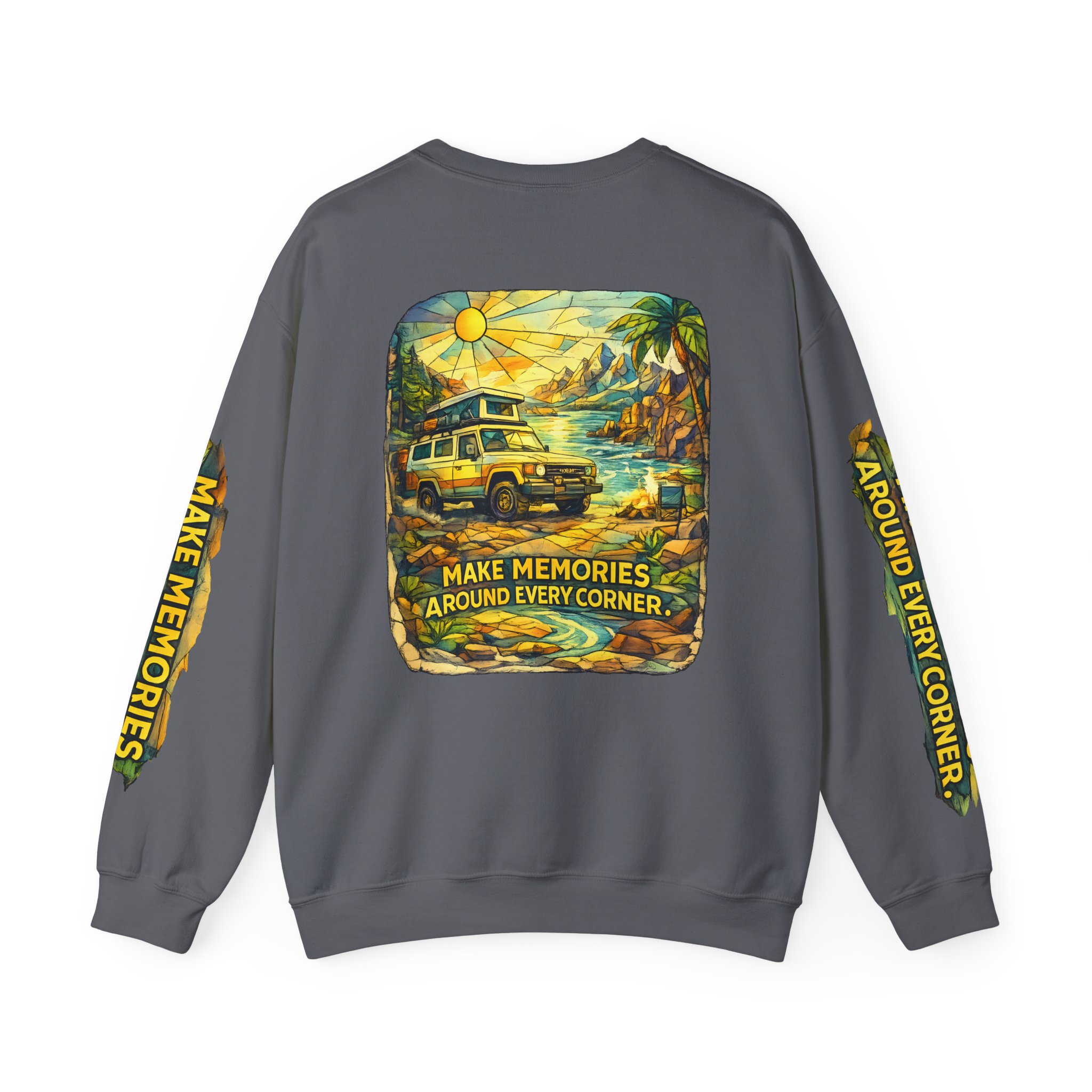 Unisex Heavy Blend™ Crewneck Sweatshirt — "Make Memories Around Every Corner" Design Cubic-Line