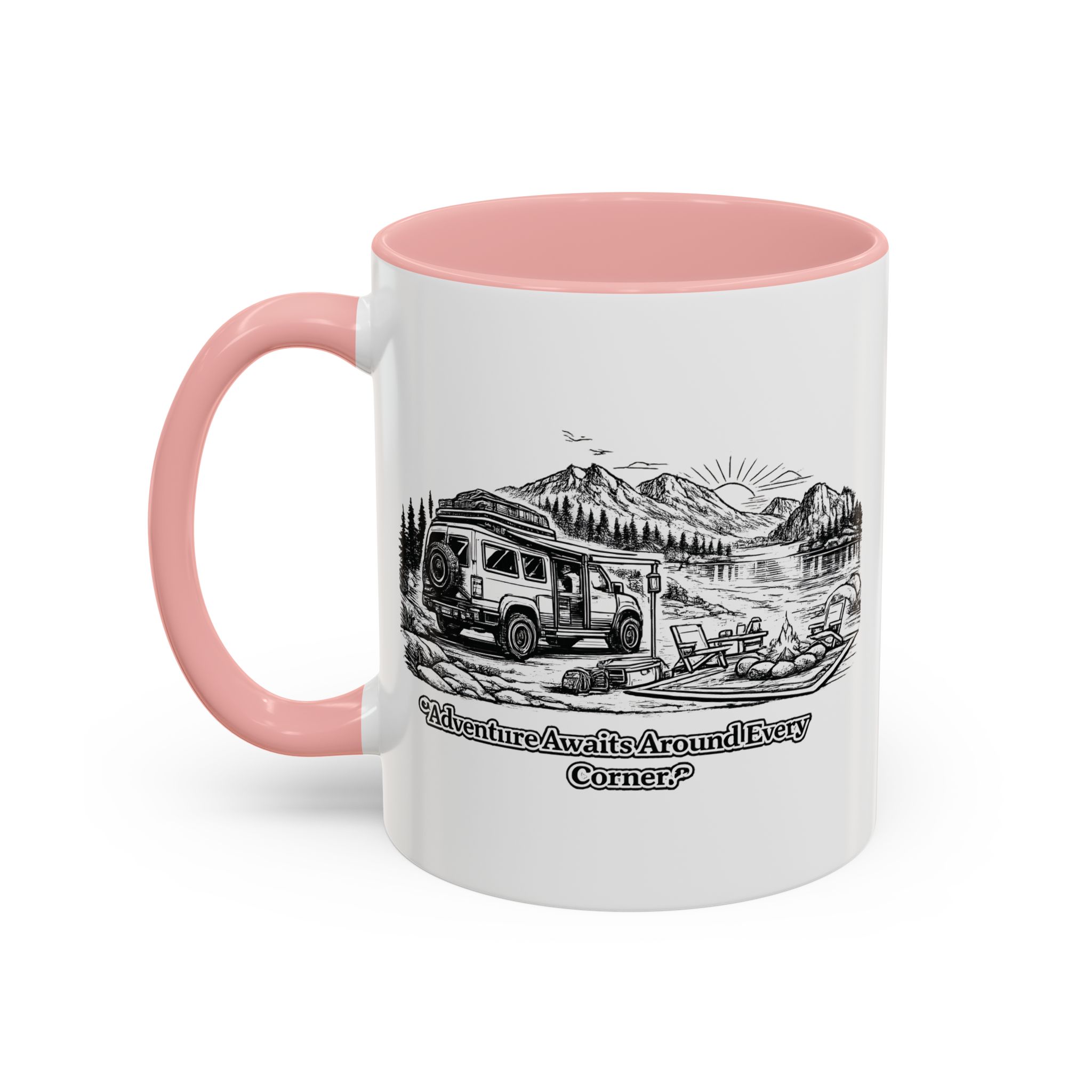 Accent Coffee Mug (11, 15oz) — "Adventure Awaits Around Every Corner" Design Minimal-Line