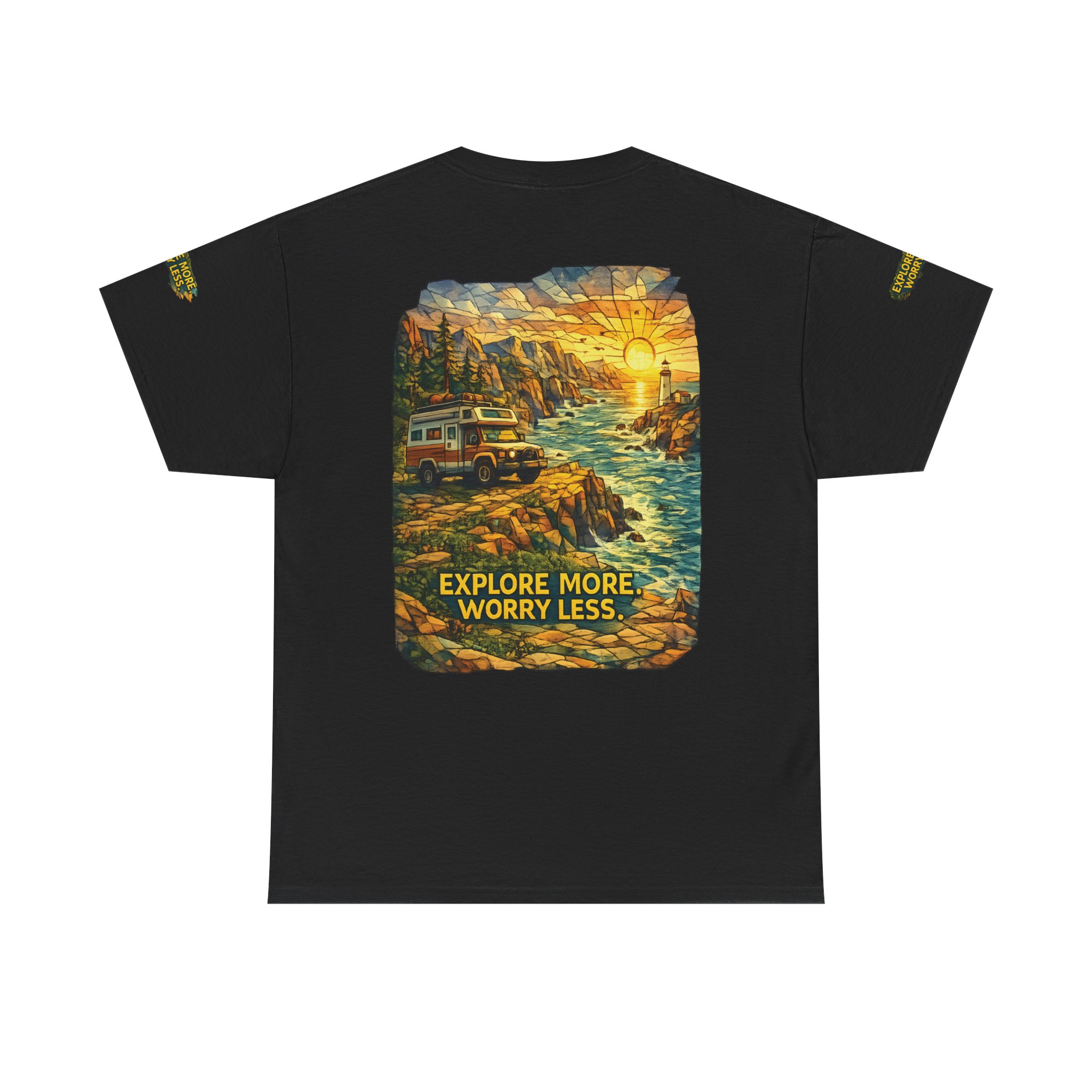 Unisex Heavy Cotton Tee — "Explore More Worry Less" Design Cubic-Line