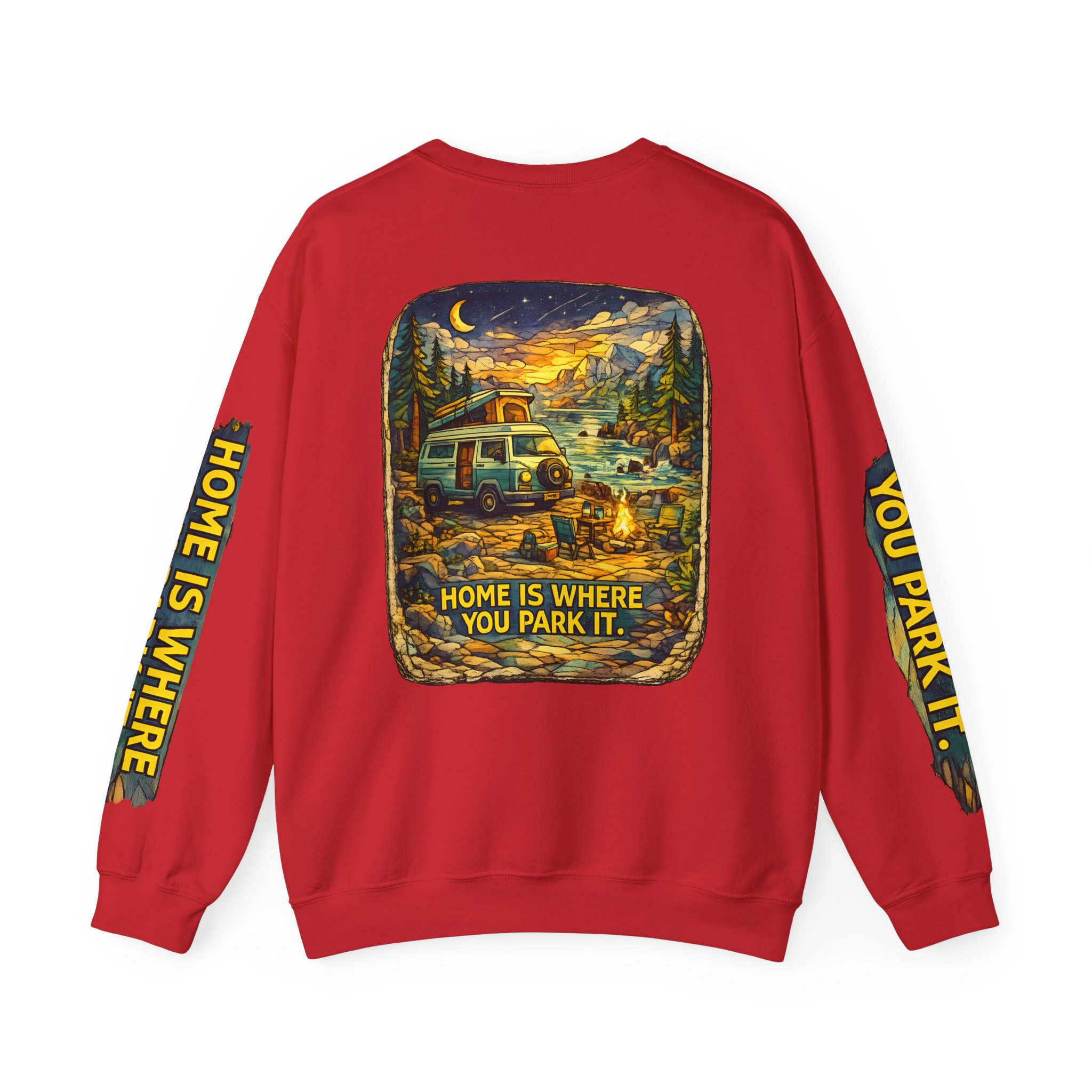 Unisex Heavy Blend™ Crewneck Sweatshirt — "Home Is Where You Park It" Design Cubic-Line