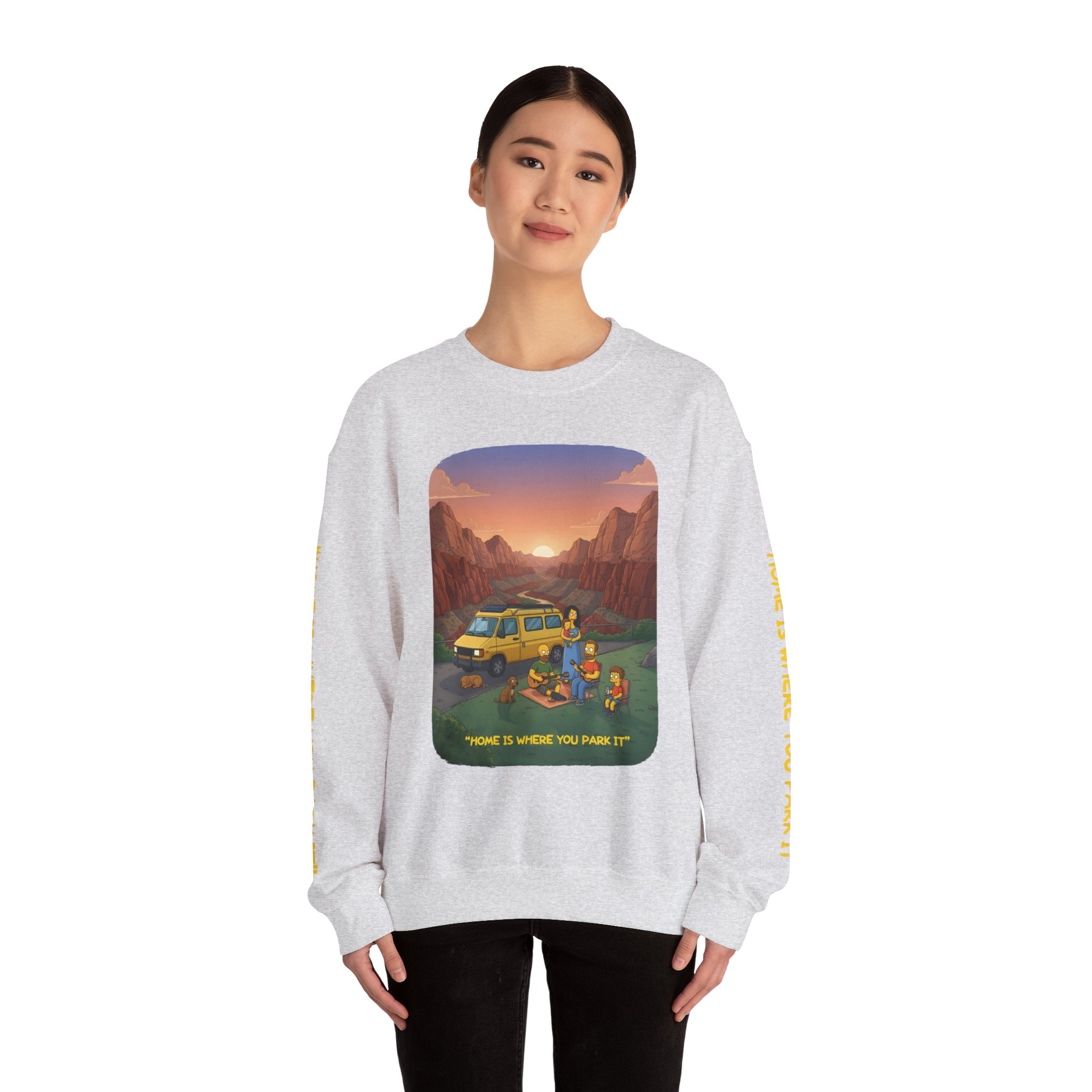 Unisex Heavy Blend™ Crewneck Sweatshirt — "Home Is Where You Park It" Design Sitcom-Line
