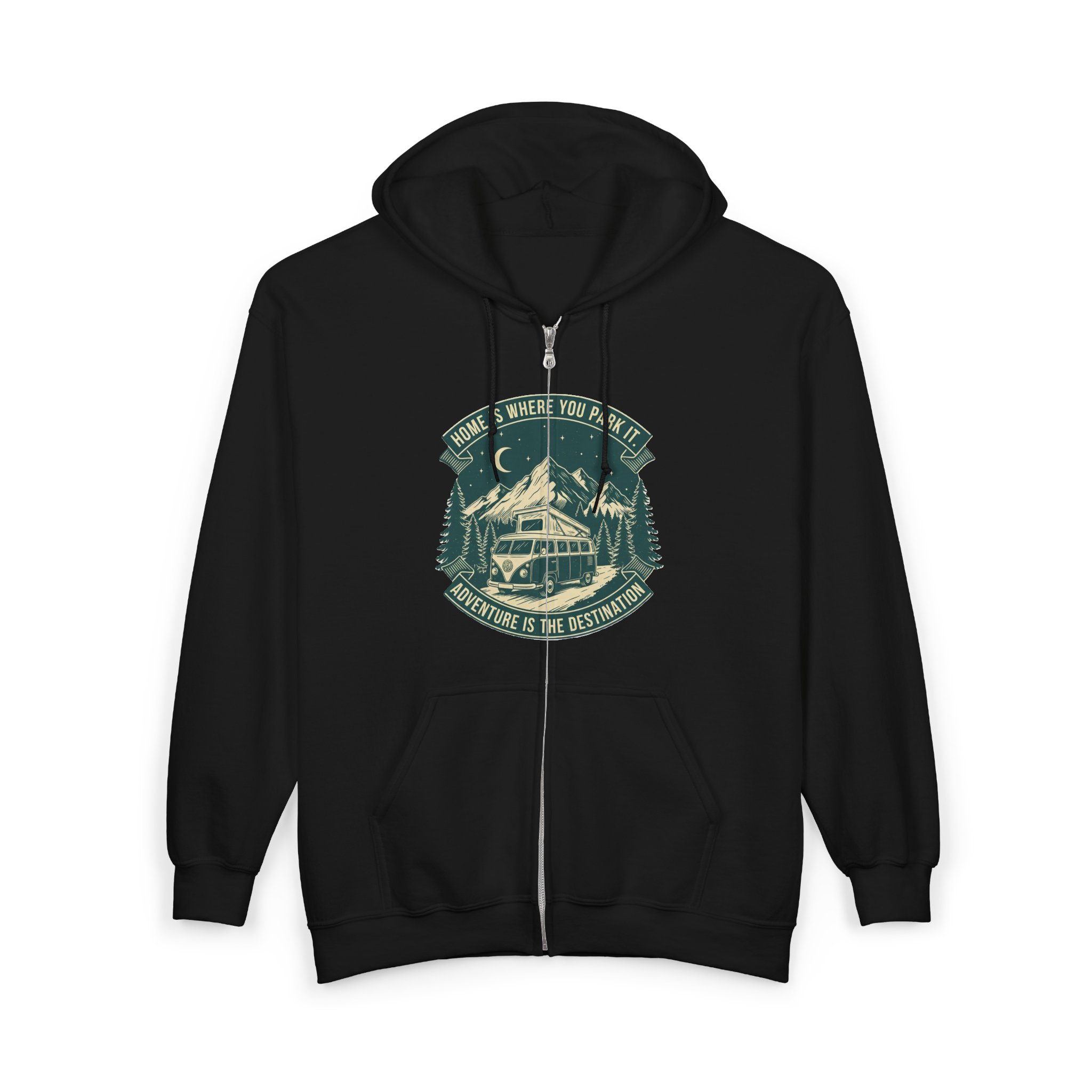 390340833454882273_2048.jpeg Zip Hoodie — "Home Is Where You Park It-Adventure is the destination"(Front + Back Printed) Camper Van Adventure Zip-Up