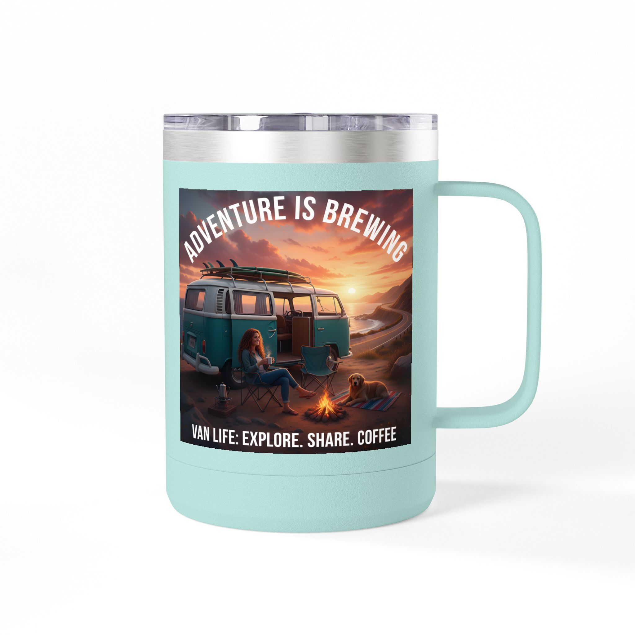 Coffee Mug Tumbler, 15oz-- "Adventure Is Brewing"