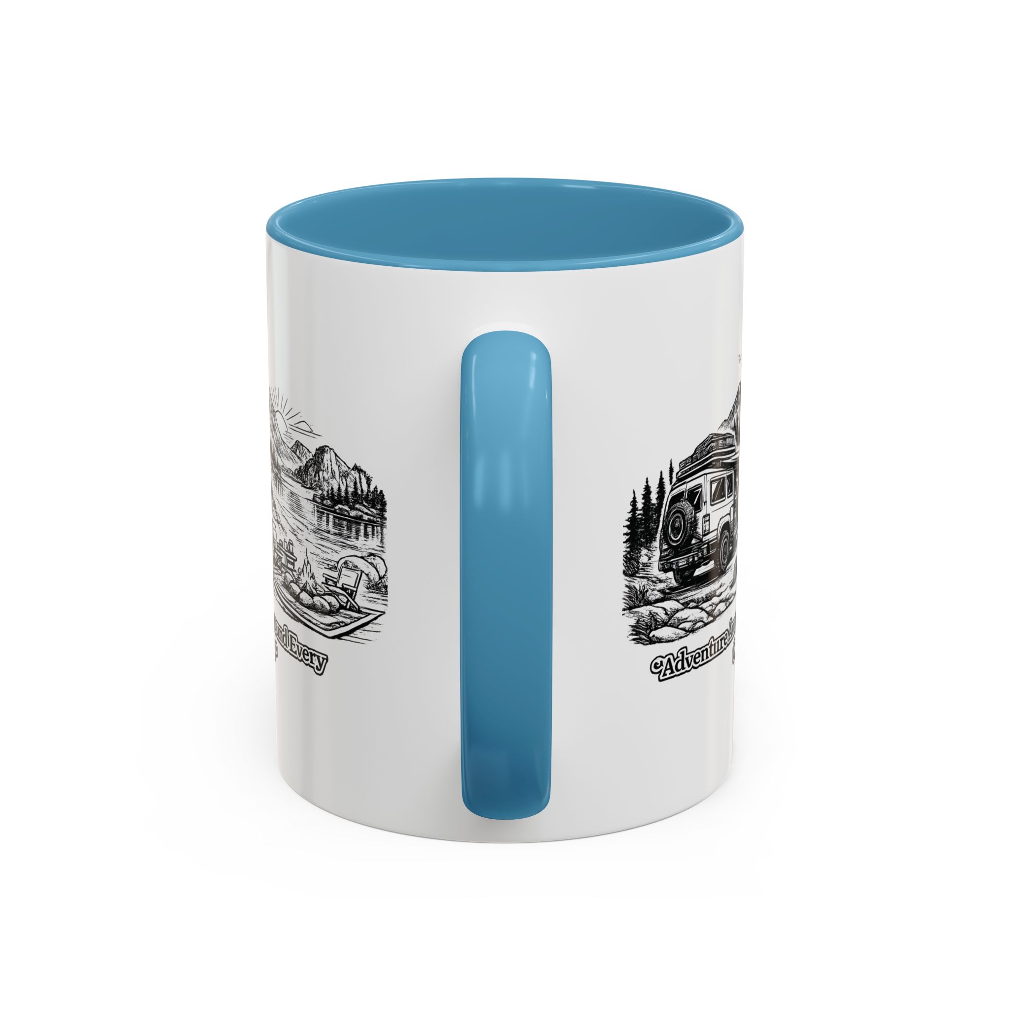 Accent Coffee Mug (11, 15oz) — "Adventure Awaits Around Every Corner" Design Minimal-Line