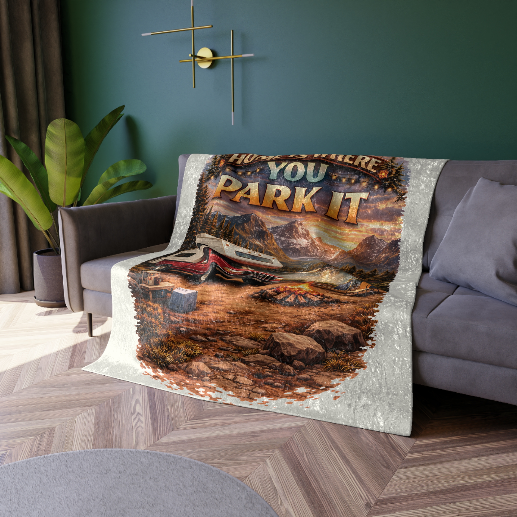 Crushed Velvet Blanket —"Home Is Where You Park It" Design Scenic-Line (Campervan)