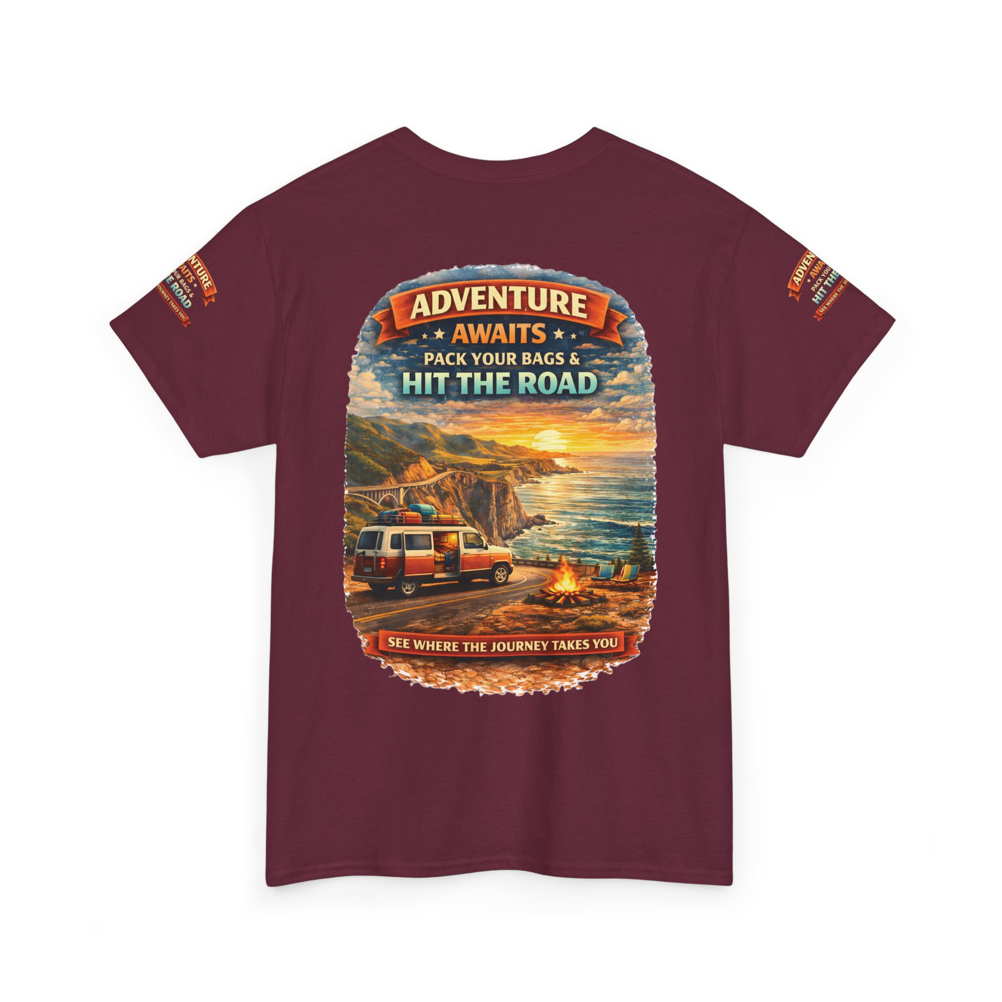 Unisex Heavy Cotton Tee — "Adventure Awaits-Pack Your Bags" Design Scenic-Line