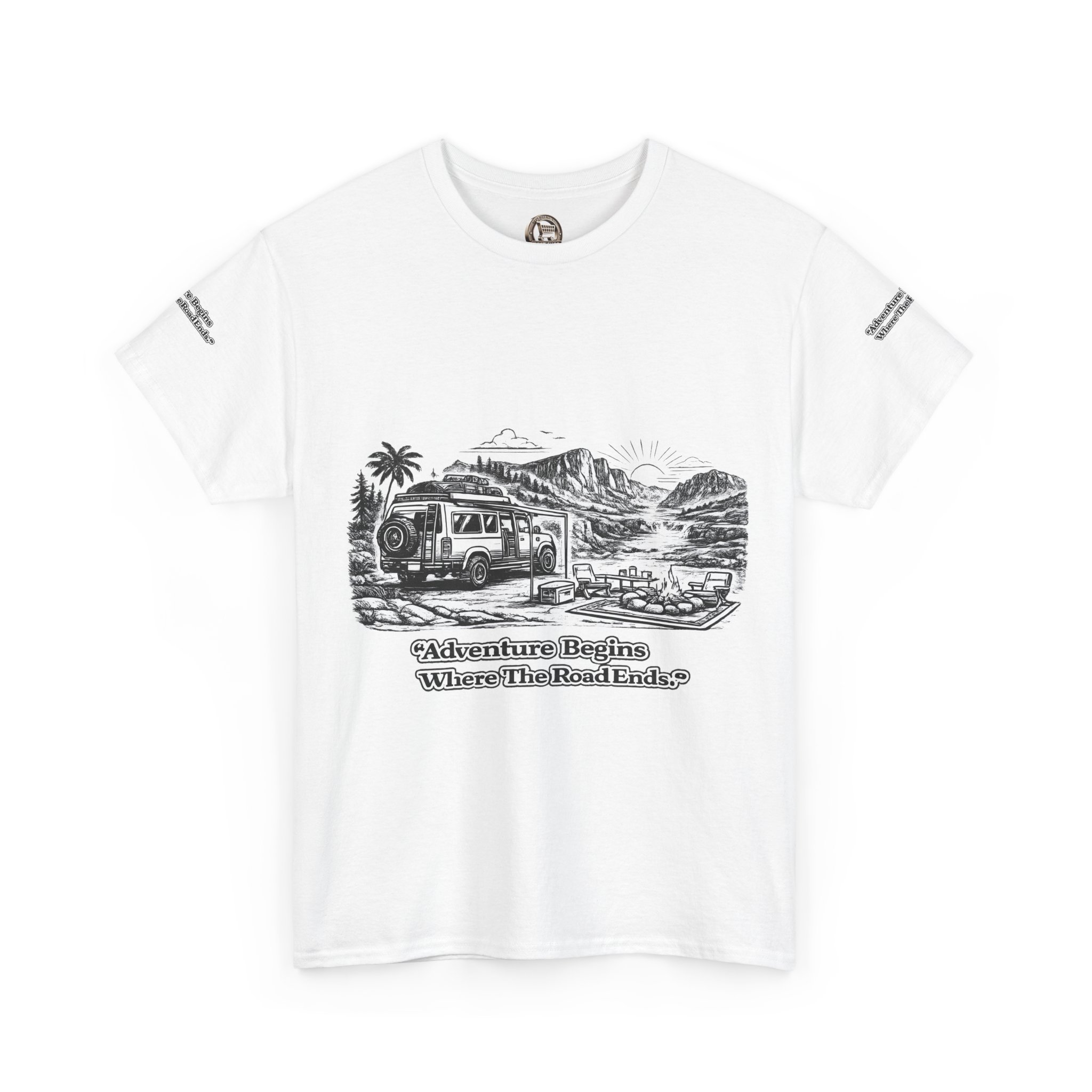 Unisex Heavy Cotton Tee — "Adventure Begins Where The Road Ends" Design Minimal-Line