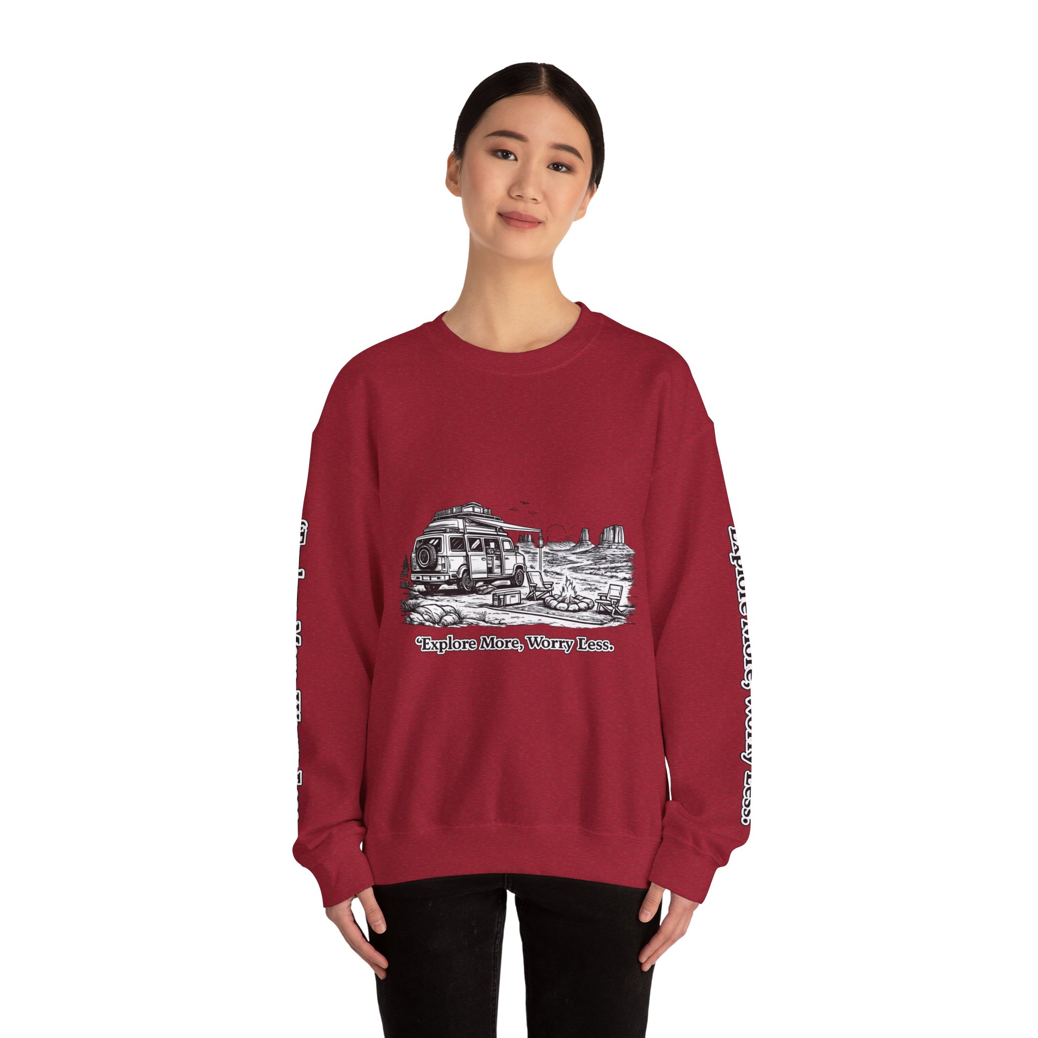 Unisex Heavy Blend™ Crewneck Sweatshirt — "Explore More Worry Less" Design Minimal-Line