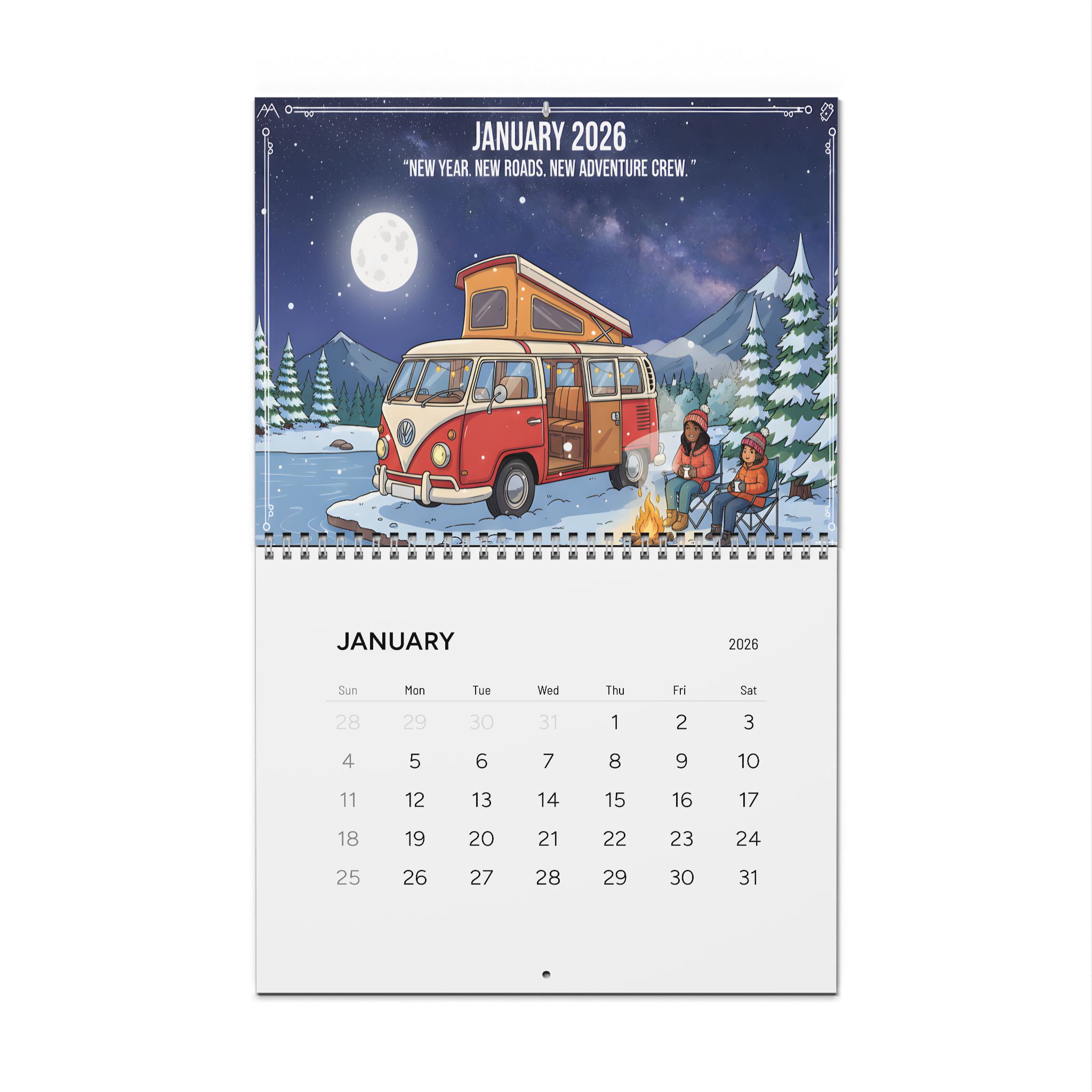 2026 Cartoon Camper Wall Calendar – Adventure Camping Scenes, Monthly Planner
