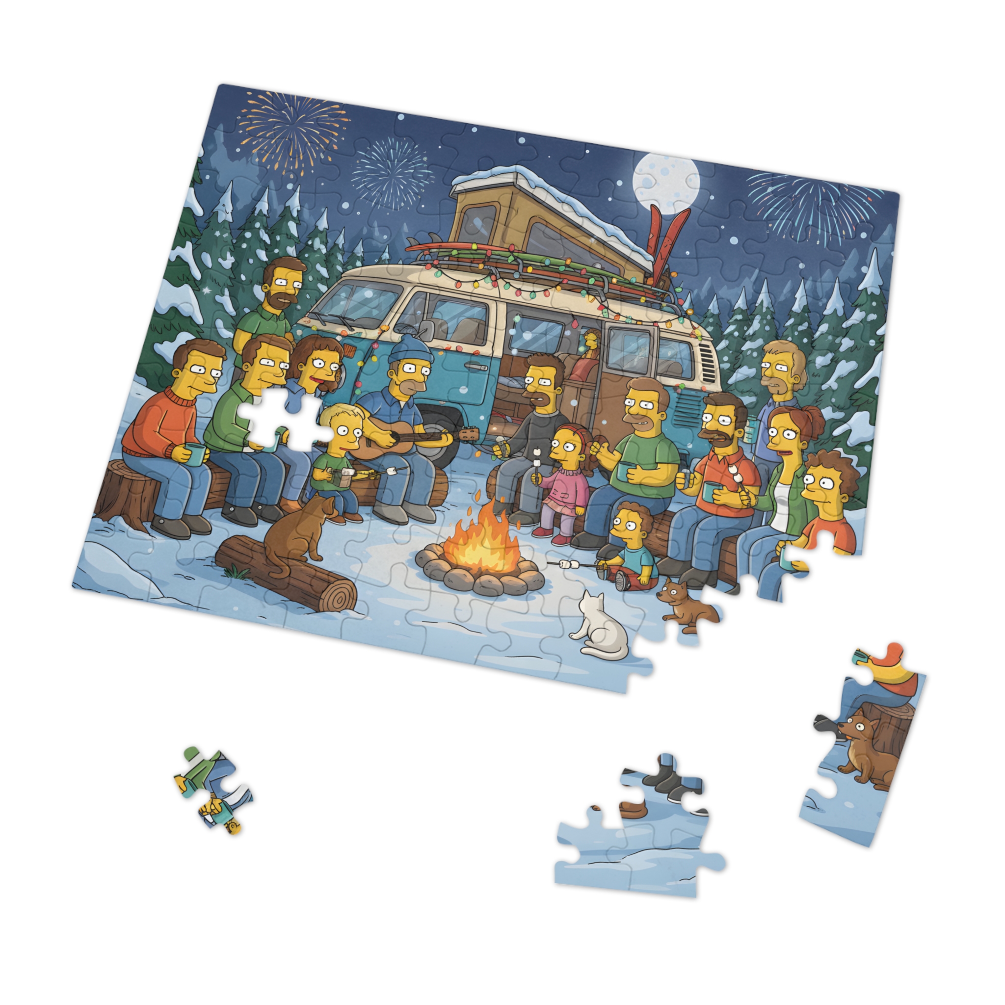 Jigsaw Puzzle with Tin — Winter Campfire Scene