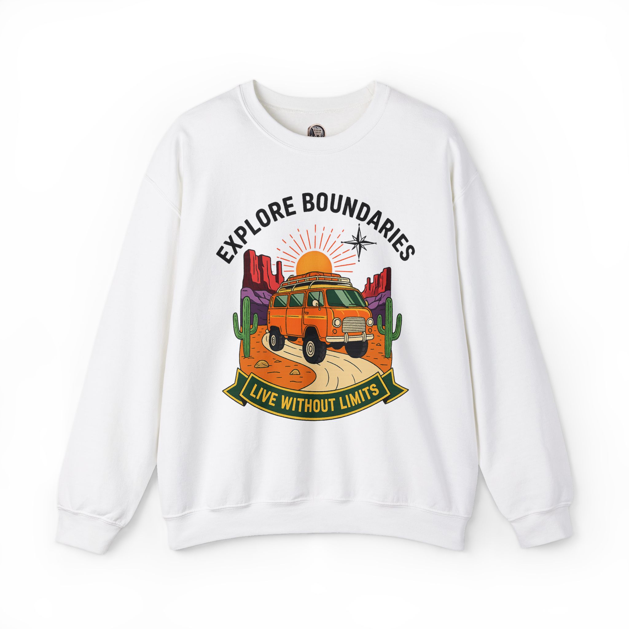 3954978538062296443_2048.jpeg Crewneck Sweatshirt — “Explore Bounderies-Live Without Limits” Desert Road Trip Graphic