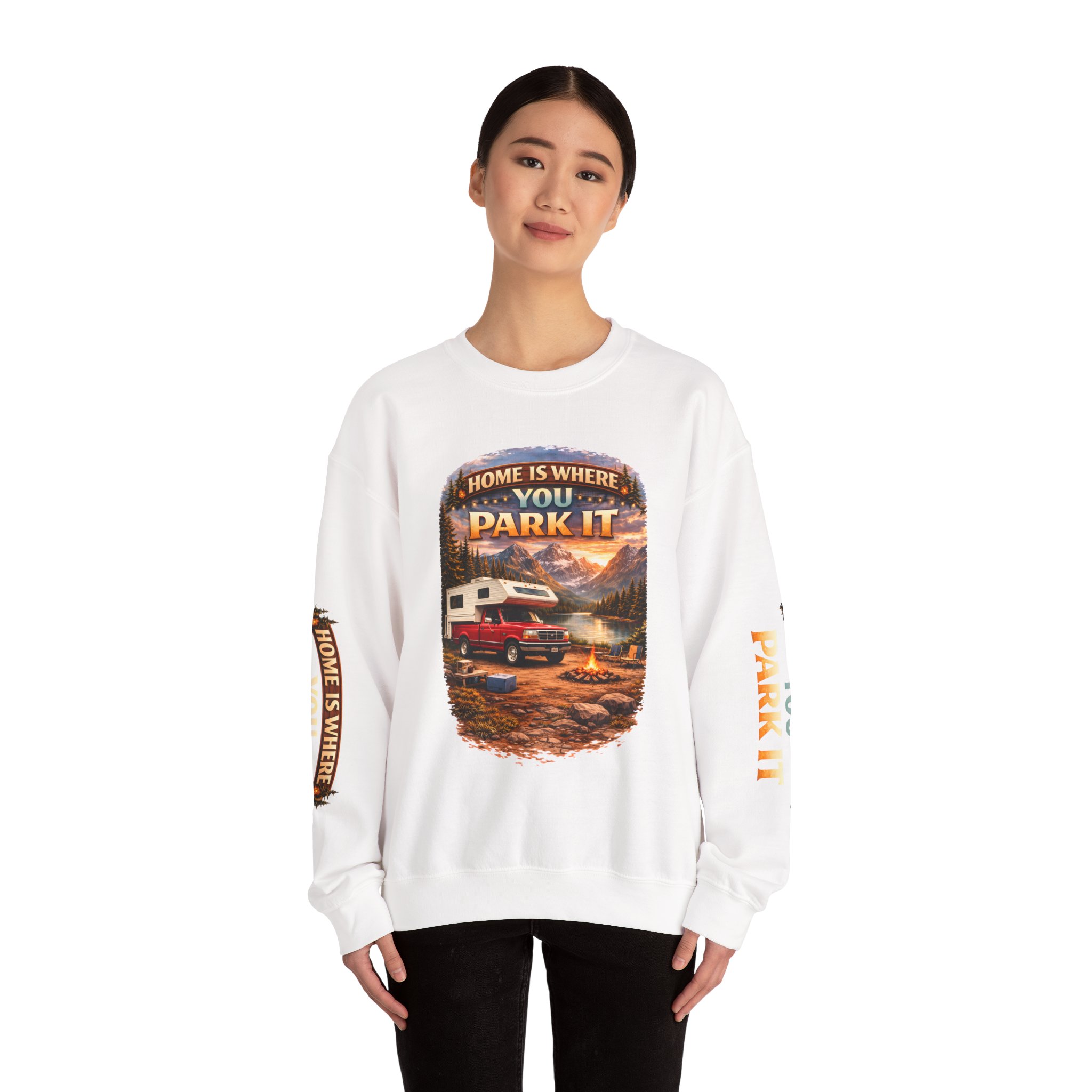 Unisex Heavy Blend™ Crewneck Sweatshirt — "Home Is Where You Park It" Design Scenic-Line