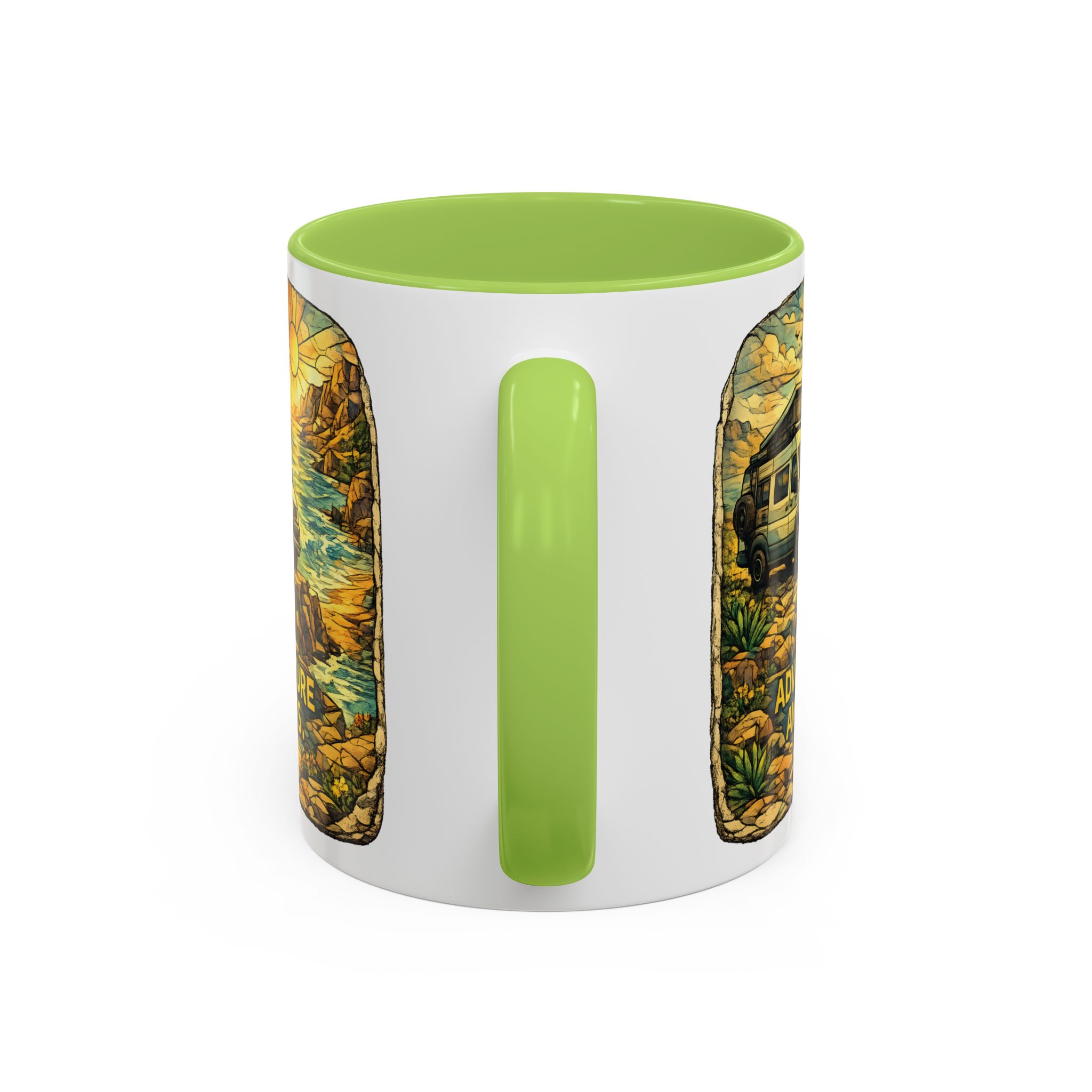 Accent Coffee Mug (11, 15oz) — "Adventure Awaits" Design Cubic-Line