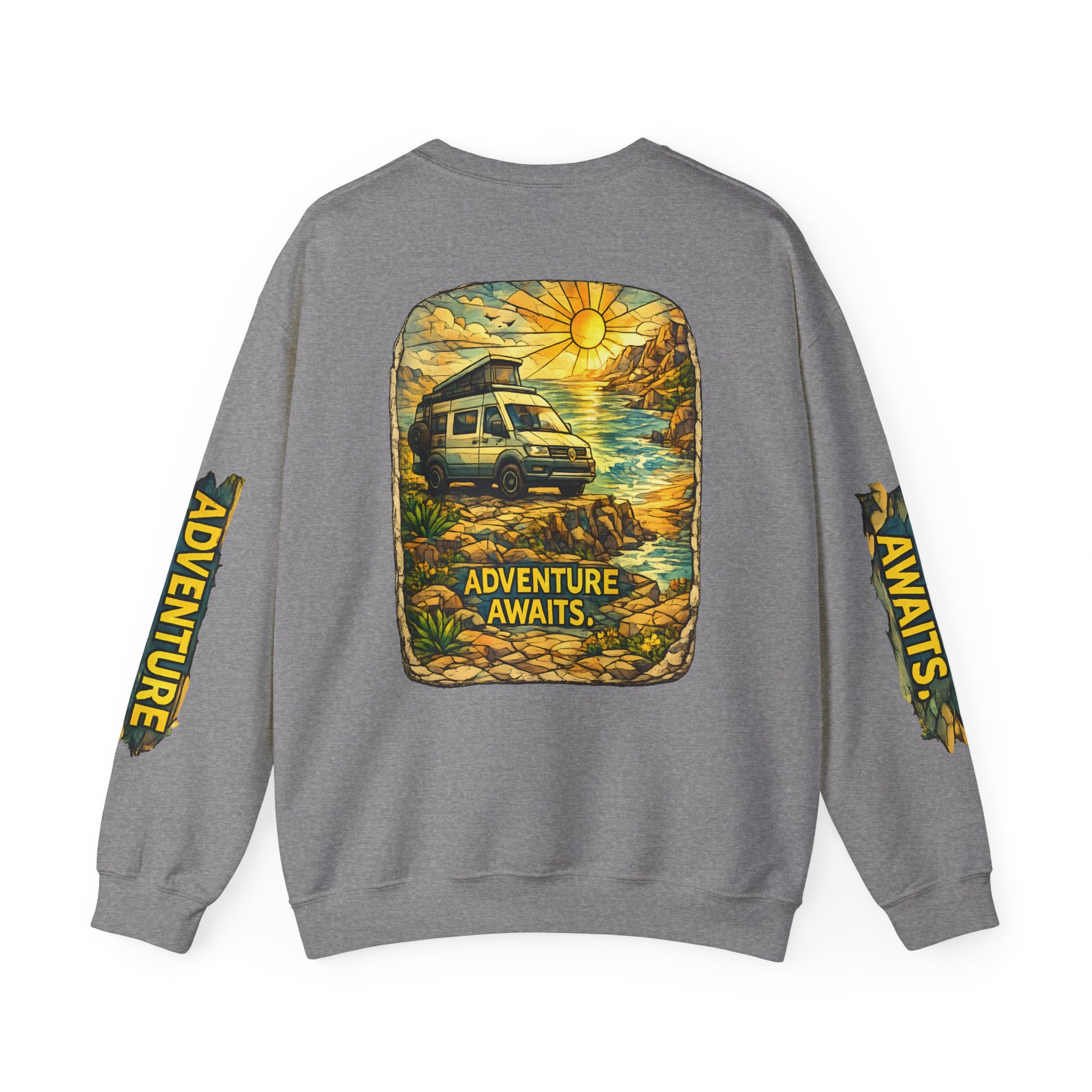 Unisex Heavy Blend™ Crewneck Sweatshirt — "Adventure Awaits" Design Cubic-Line