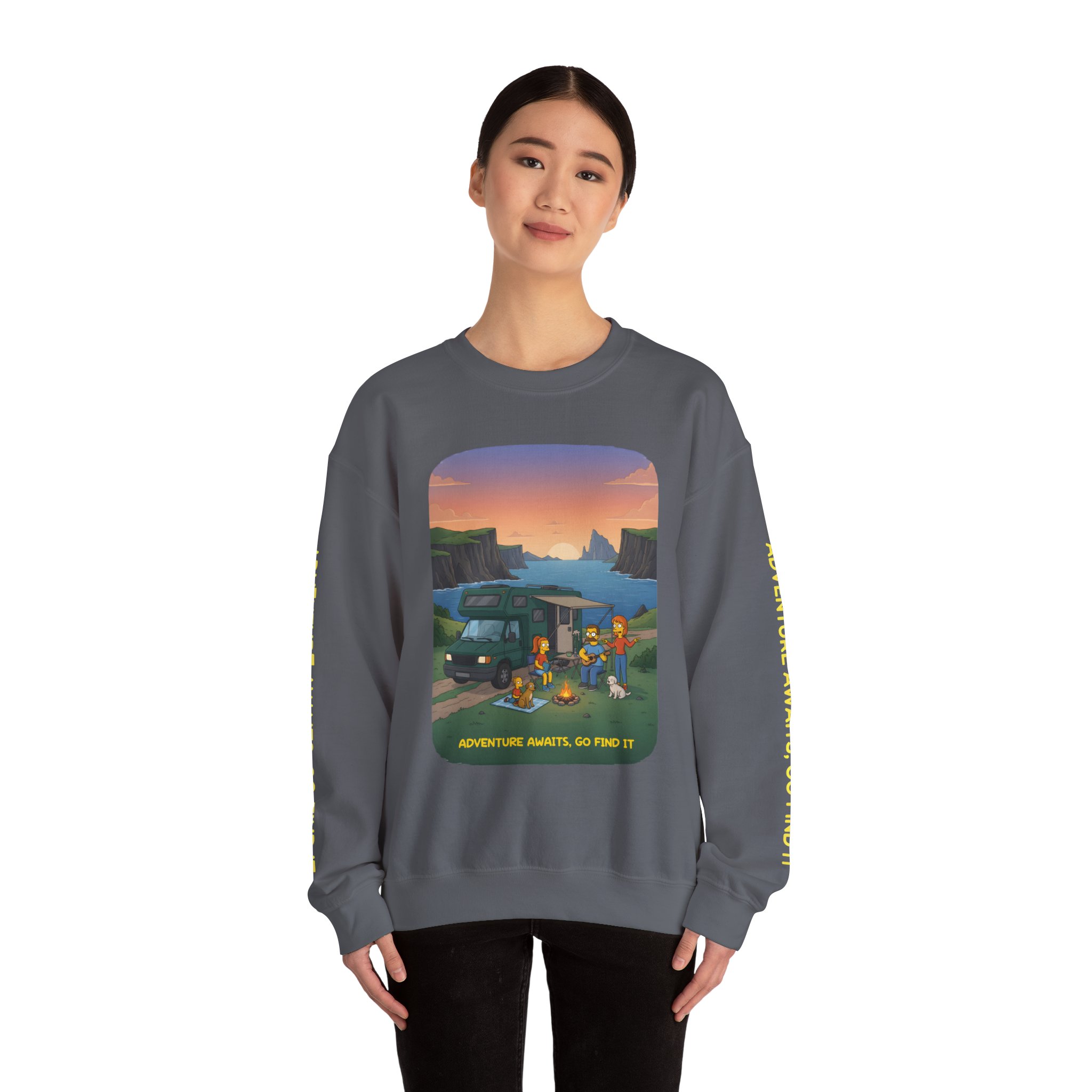 Unisex Heavy Blend™ Crewneck Sweatshirt — "Adventure Awaits-Go Find It"" Design Sitcom-Line