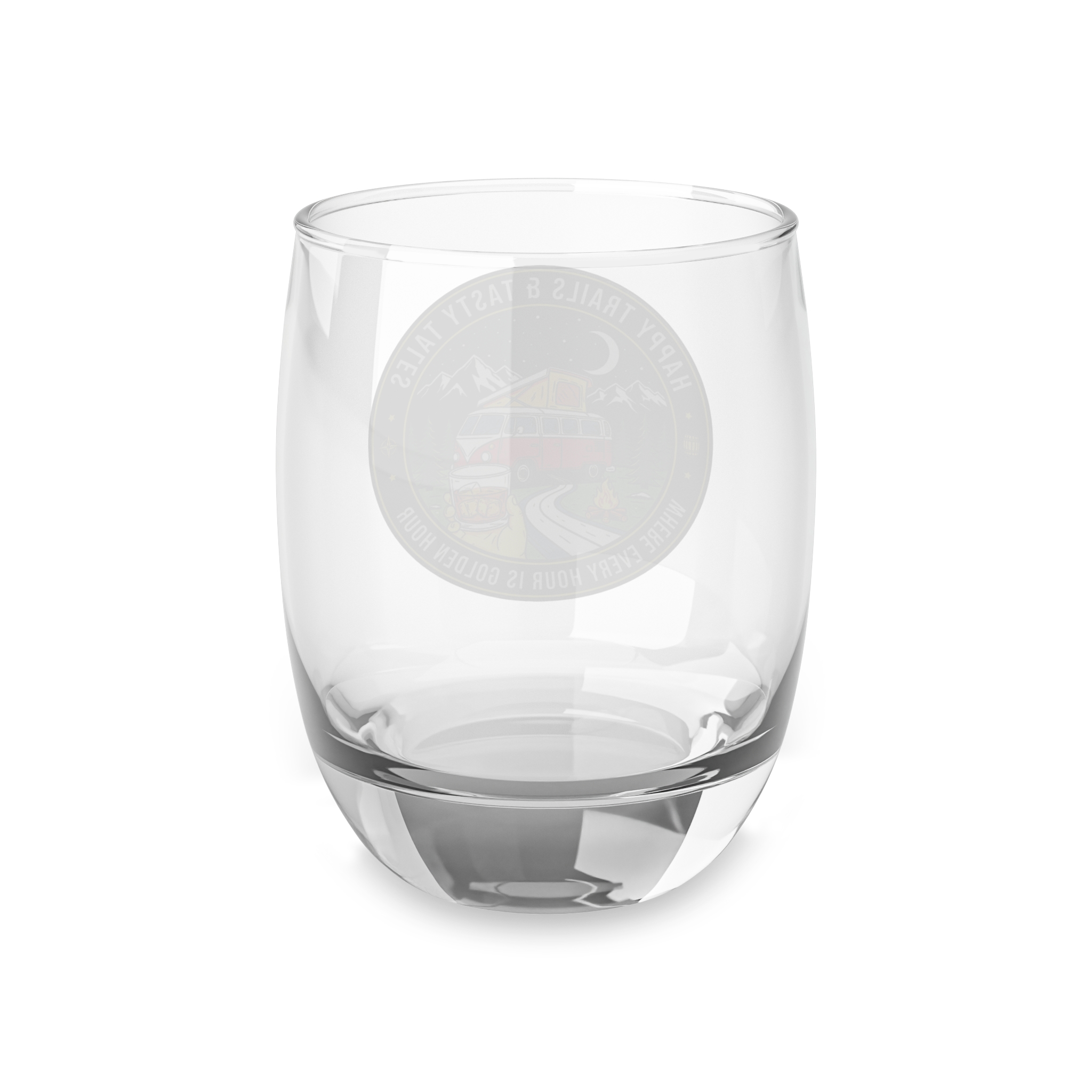 Whiskey Glass - 'Happy Trails & Tasty Tales' Camper Van Camping Whiskey Glass