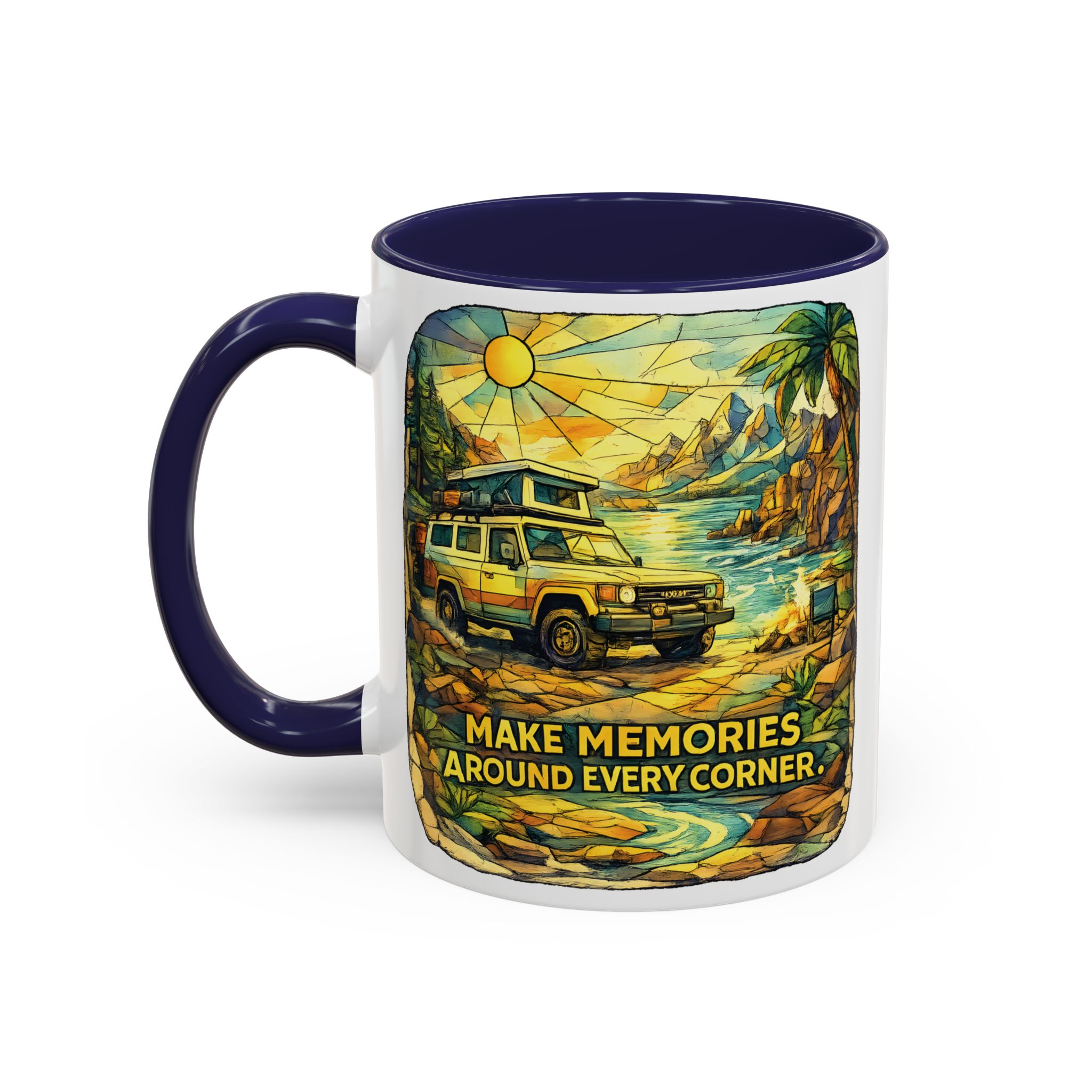 Accent Coffee Mug (11, 15oz) — "Make Memories Around Every Corner" Design Cubic-Line