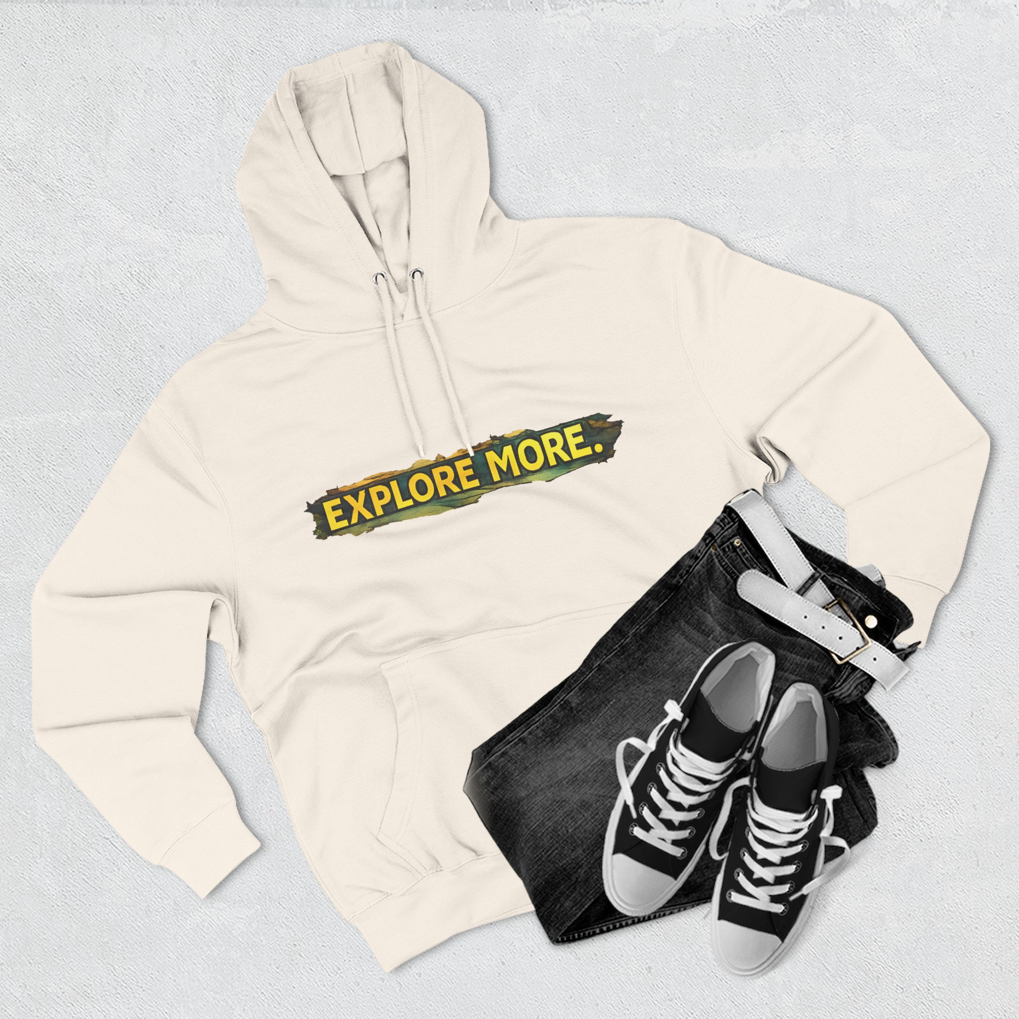 Three-Panel Fleece Hoodie - "Explore More" Design Cubic-Line