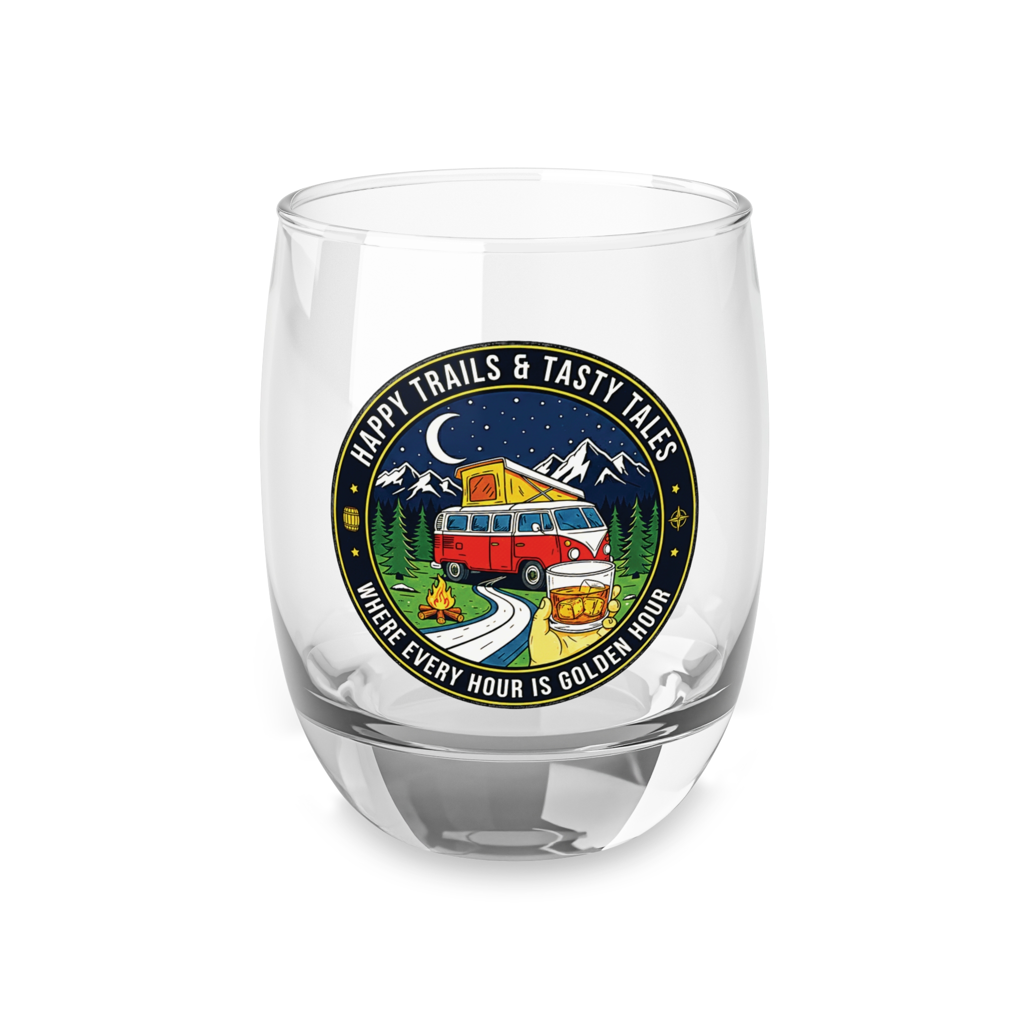 4016922821612047033_2048.jpeg Whiskey Glass - 'Happy Trails & Tasty Tales' Camper Van Camping Whiskey Glass