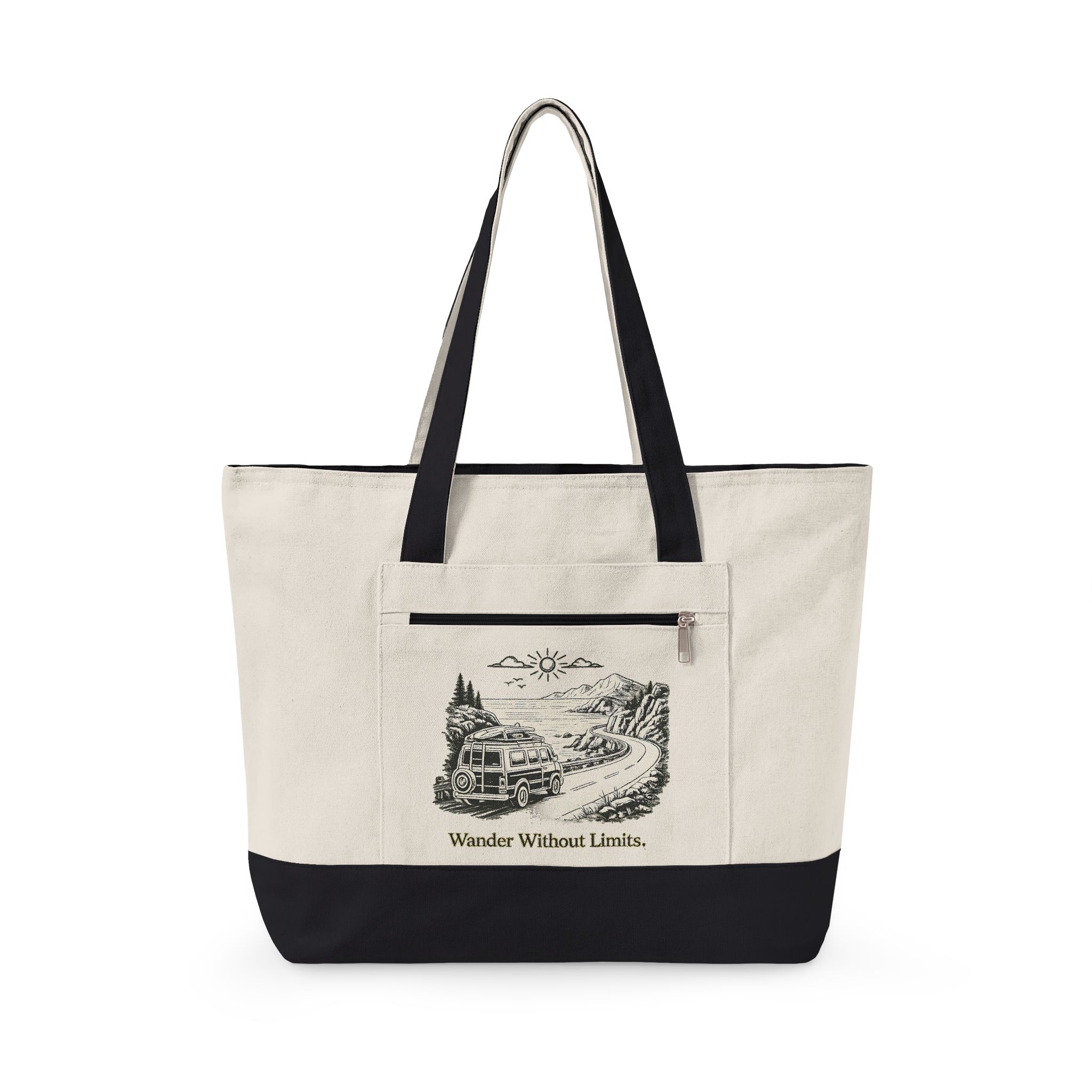 Zippered Canvas Tote — "Wander Whitout Limits" (Design Minimal-Line)