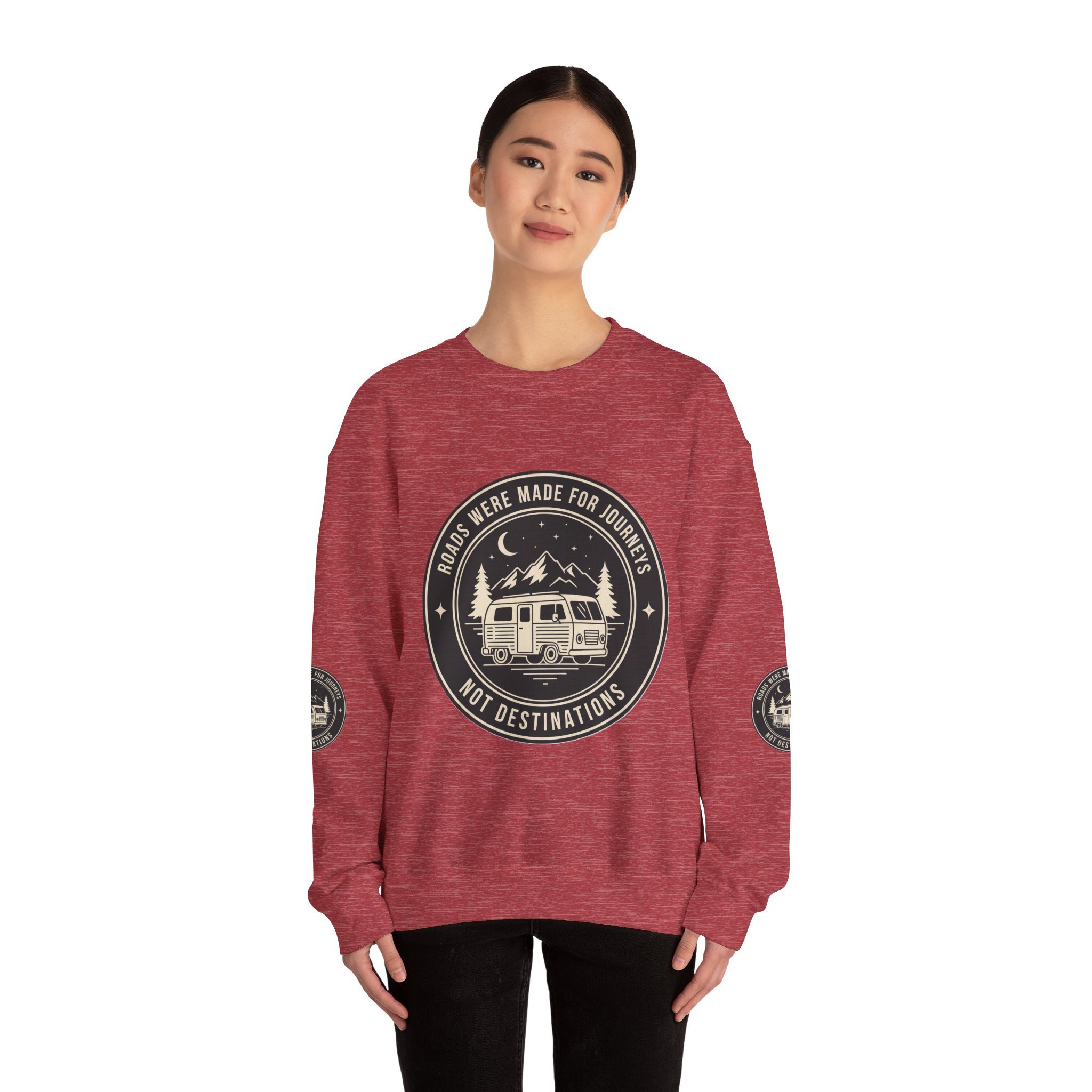Crewneck Sweatshirt — "ROAD WHERE MADE FOR JOURNEYS-NOT DESTINATIONS" (Font + Back + Sleaves printed) Vintage Camper Van Outdoor Graphic
