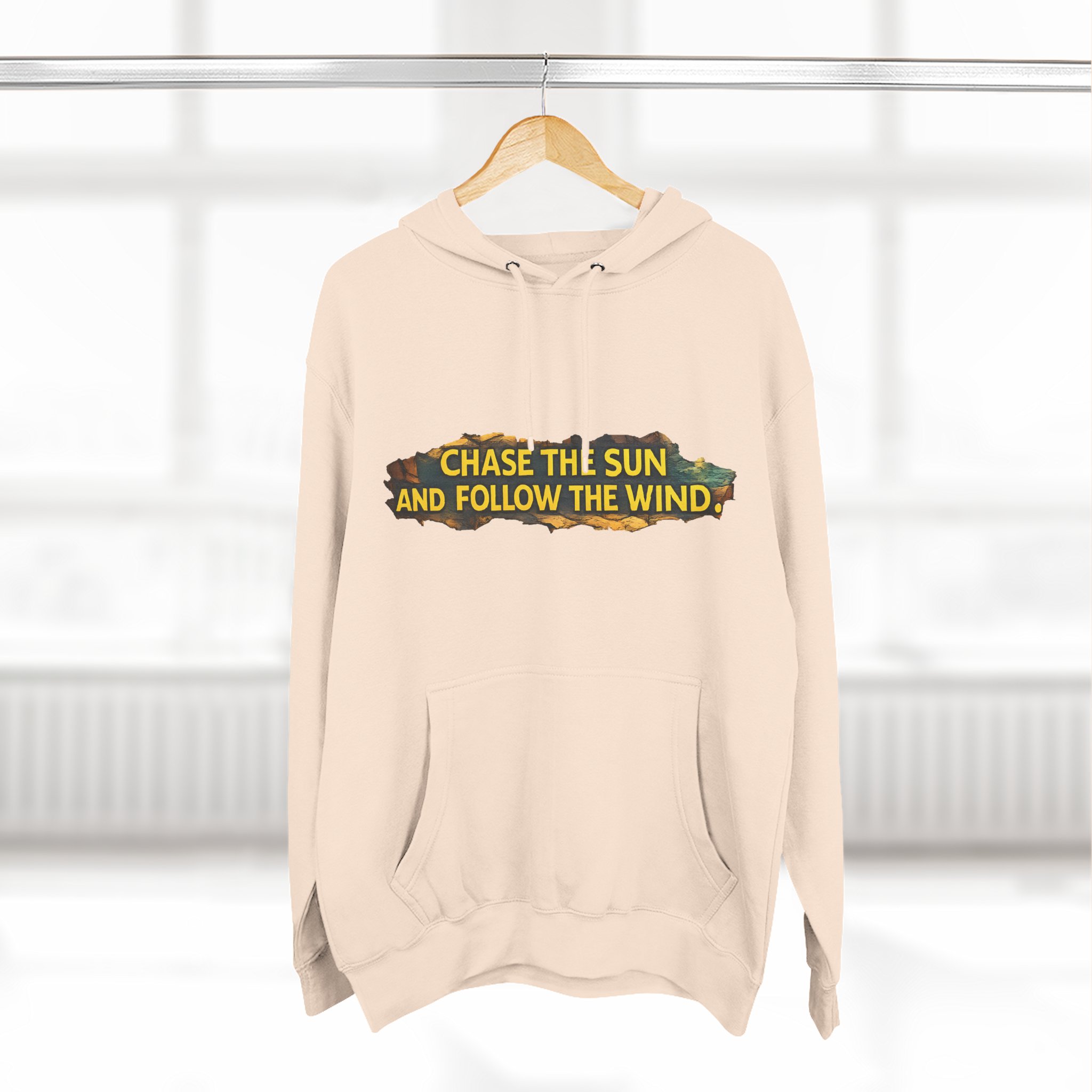 Three-Panel Fleece Hoodie - "Chase The Sun And Follow The Wind" Design Cubic-Line
