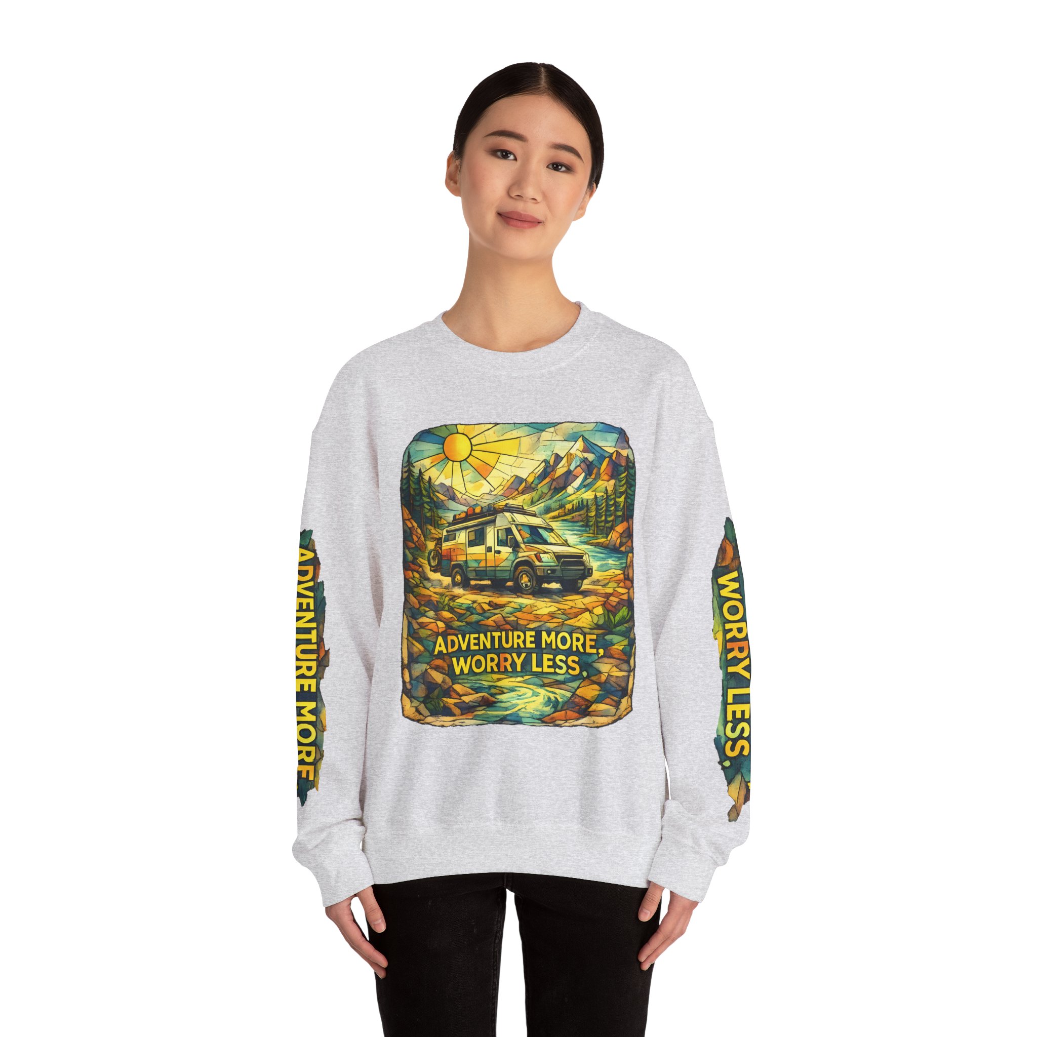 Unisex Heavy Blend™ Crewneck Sweatshirt — "Adventure More Worry Less" Design Cubic-Line