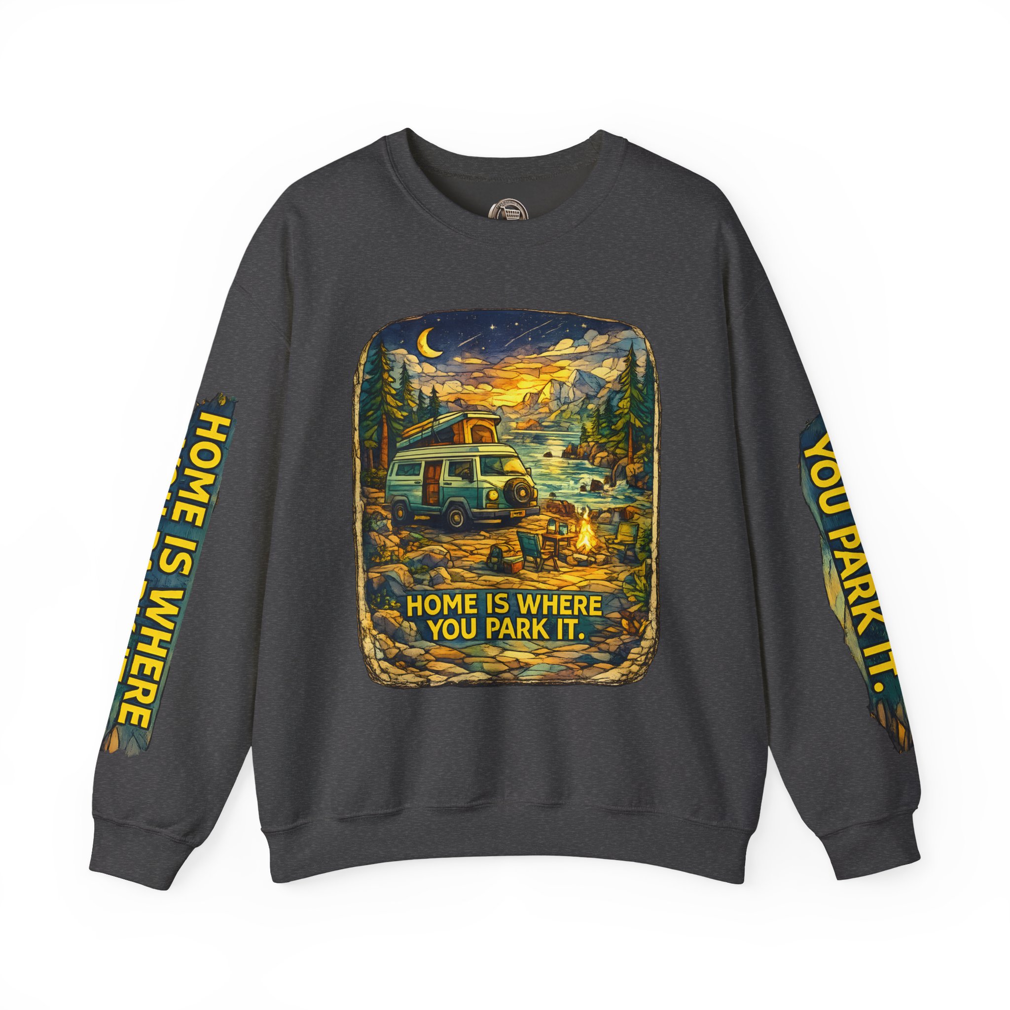 Unisex Heavy Blend™ Crewneck Sweatshirt — "Home Is Where You Park It" Design Cubic-Line