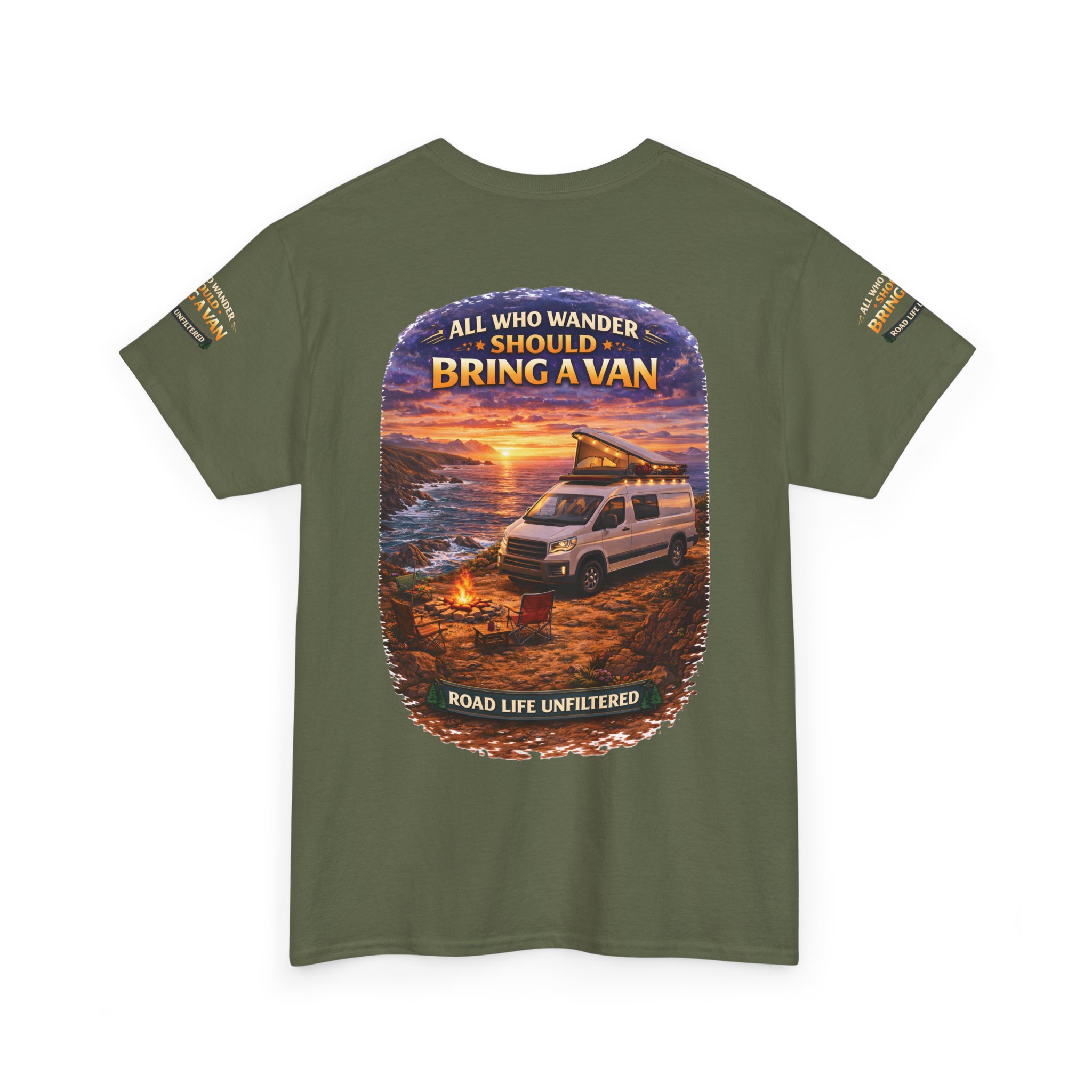 Unisex Heavy Cotton Tee — "All Who wander Should Bring A Van" Design Scenic-Line