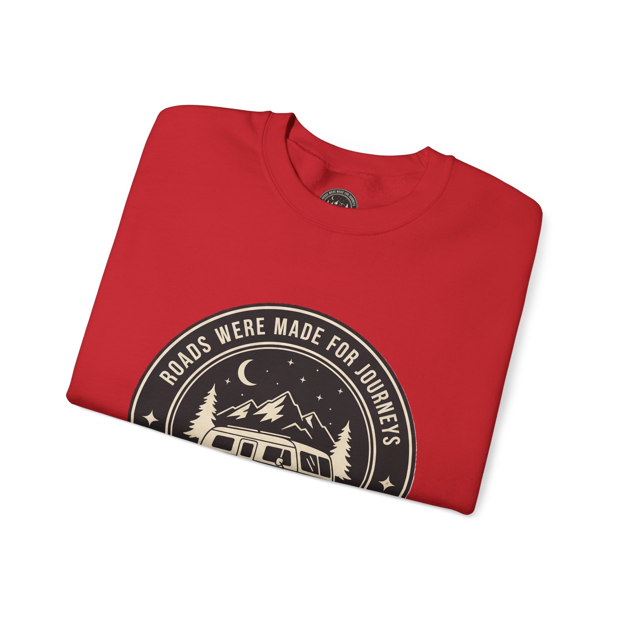 Crewneck Sweatshirt — "ROAD WHERE MADE FOR JOURNEYS-NOT DESTINATIONS" (Font + Back + Sleaves printed) Vintage Camper Van Outdoor Graphic